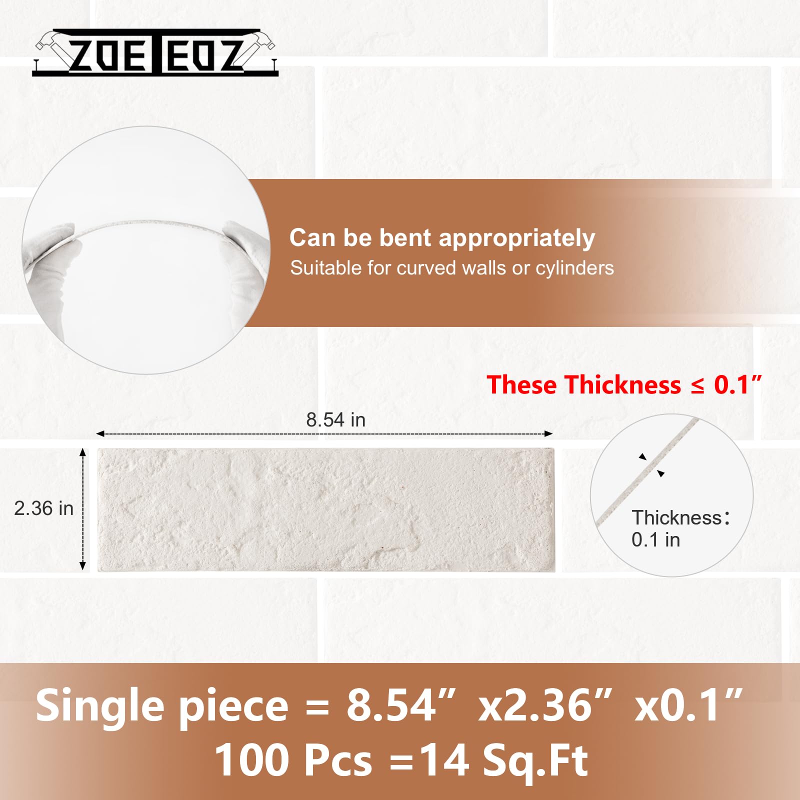 Zoeteoz 17 Pcs Faux Thin Brick Tiles Veneers, 2.38 Sq.Ft, Realistic Brick Texture and Lightweight, Indoor Outdoor Decorative Wall Brick for House Facade, Garage, Chimney, Parterre Wall (Eco-White)
