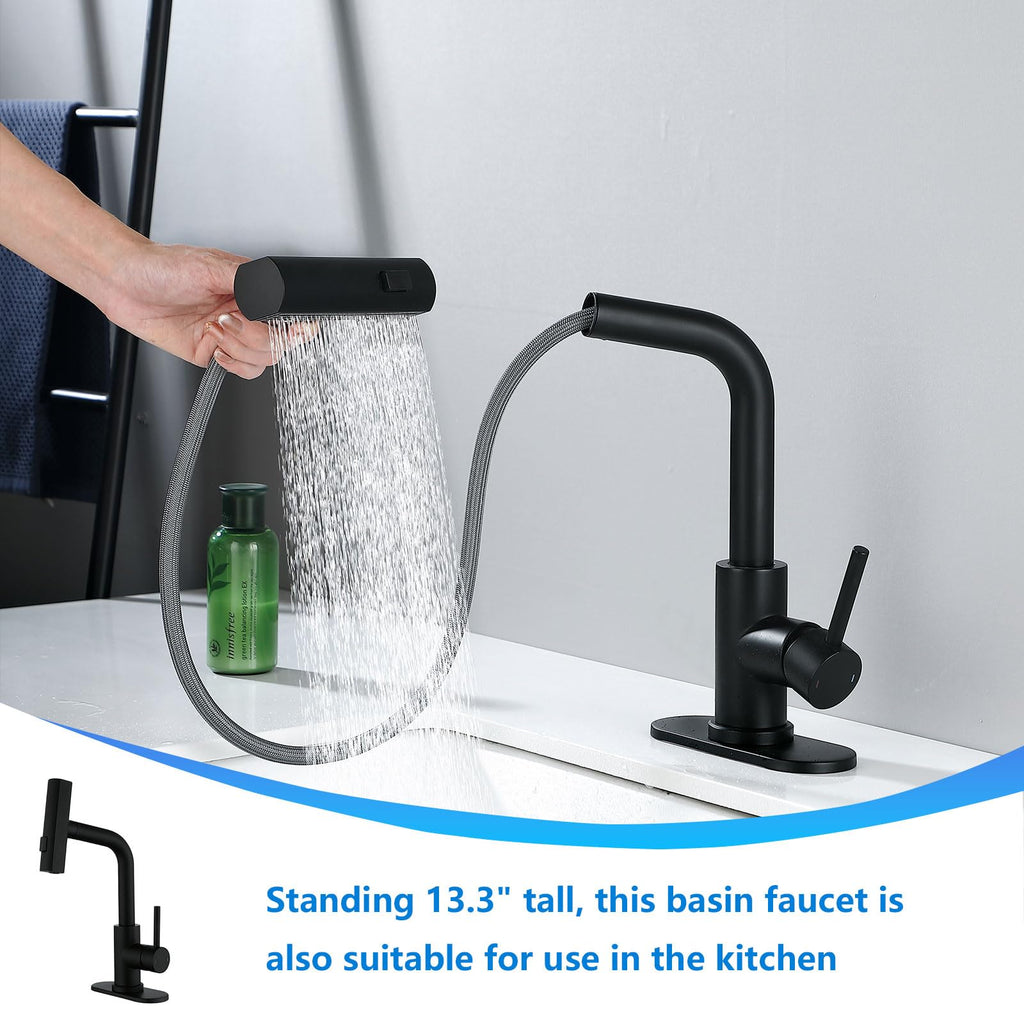 TRIPHIL Waterfall Bathroom Faucets with 3 Mode Pull Down Sprayer,Single Handle Modern Bath Sink Faucet with Pop Up Drain and Deck Plate,Matte Black 1 Hole RV, Bar,Restroom,Lavatory,Vanity Tap