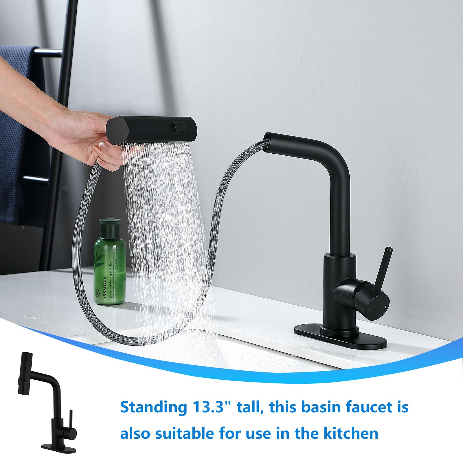 TRIPHIL Waterfall Bathroom Faucets with 3 Mode Pull Down Sprayer,Single Handle Modern Bath Sink Faucet with Pop Up Drain and Deck Plate,Matte Black 1 Hole RV, Bar,Restroom,Lavatory,Vanity Tap