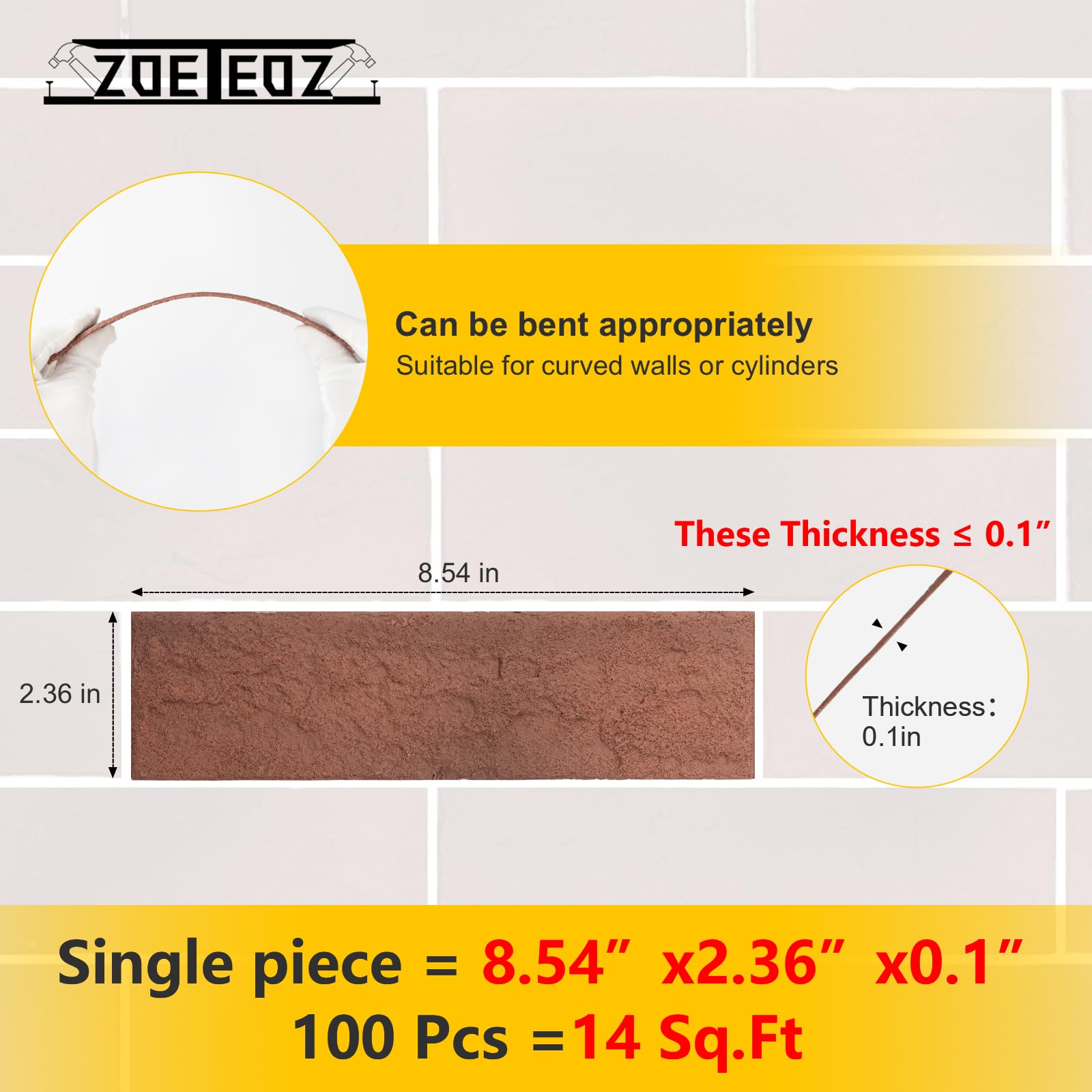 Zoeteoz 4 Pcs Vintage Red Faux Thin Brick Dimensional Wall Decor, Red, 8.54'' X 2.36'' Indoor/Outdoor Wall Tile for House Facade, Garage, Chimney
