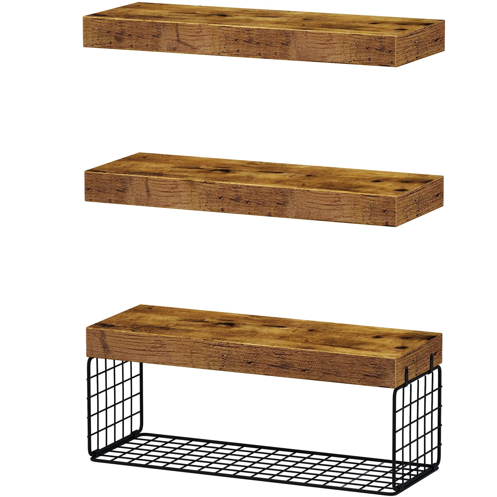 QEEIG Bathroom Shelves Over Toilet - Wall Mounted Floating Shelves Toilet Paper Storage Small Farmhouse Decor Shelf 16 inch Set of 3, Rustic Brown (019-BN3)