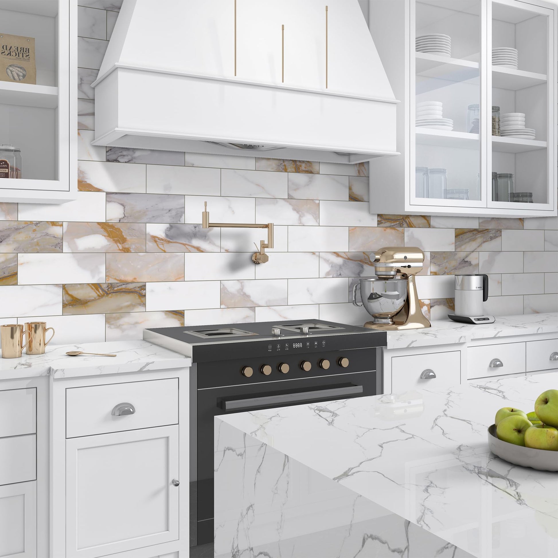 INNO STICKERS 30-Sheet Marble Subway Tile Peel and Stick Tile, 4 in. x 12 in. Stone Composite Waterproof Backsplash Tiles for Kitchen, Bathroom, Fireplace(Gold Marble)