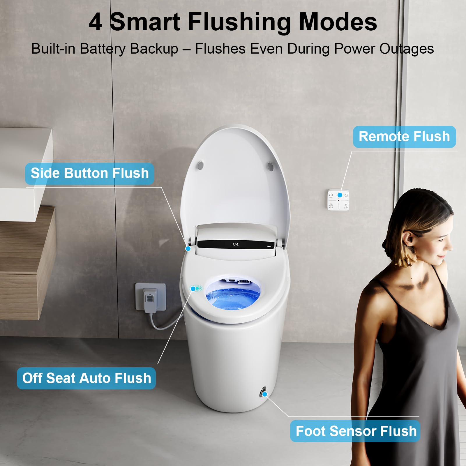 Vipbear Smart Toilet with Heated Seat and Night Light, Tankless Toilets for Bathroom, Modern One Piece Toilet Standard Comfort Height Toilet with Auto Flush, Auto Open Close Lid/Seat,Slow Close, ADA