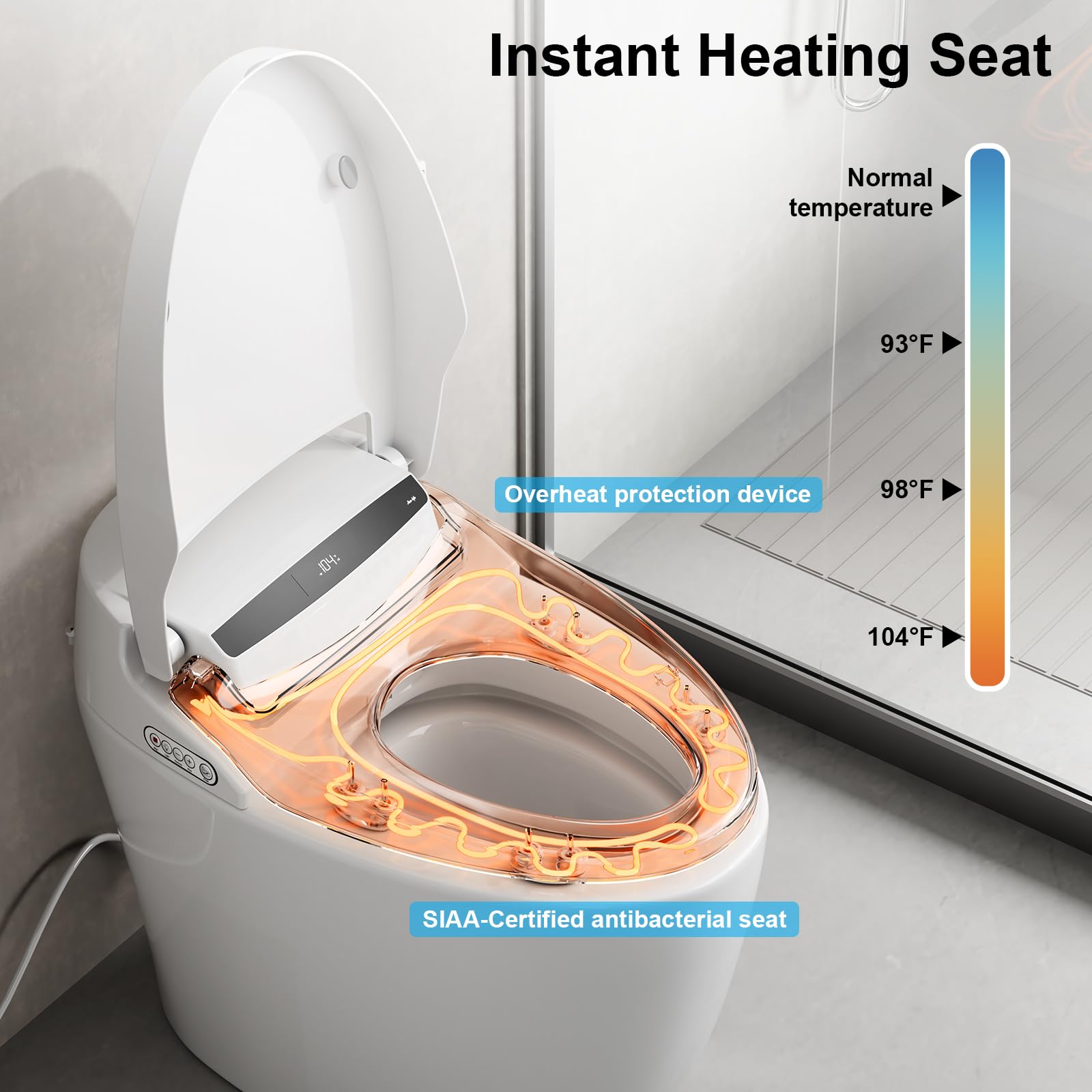 Vipbear Smart Toilet with Heated Seat and Night Light, Tankless Toilets for Bathroom, Modern One Piece Toilet Standard Comfort Height Toilet with Auto Flush, Auto Open Close Lid/Seat,Slow Close, ADA