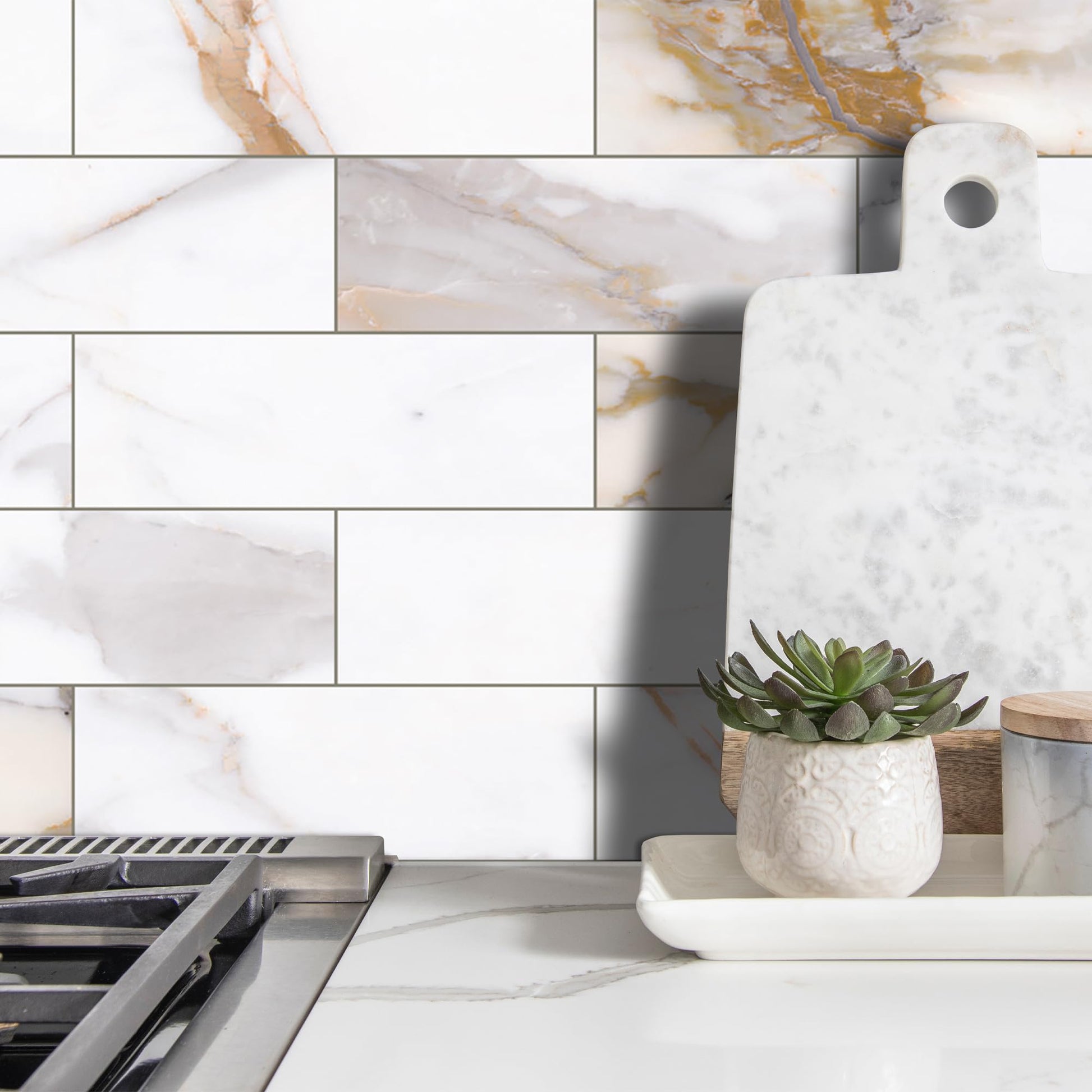 INNO STICKERS 30-Sheet Marble Subway Tile Peel and Stick Tile, 4 in. x 12 in. Stone Composite Waterproof Backsplash Tiles for Kitchen, Bathroom, Fireplace(Gold Marble)