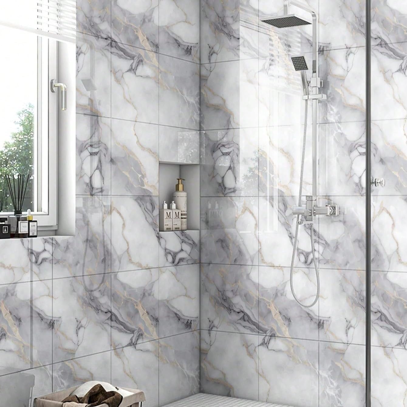 Chejiaye 10pcs Marble Peel and Stick Backsplash Waterproof Washroom Wall Panels, Peel and Stick Tile, PVC Wall Panels for Kitchen,Bathroom,Living Room,Colorful (Not Real Tile,11.8" x 11.8")