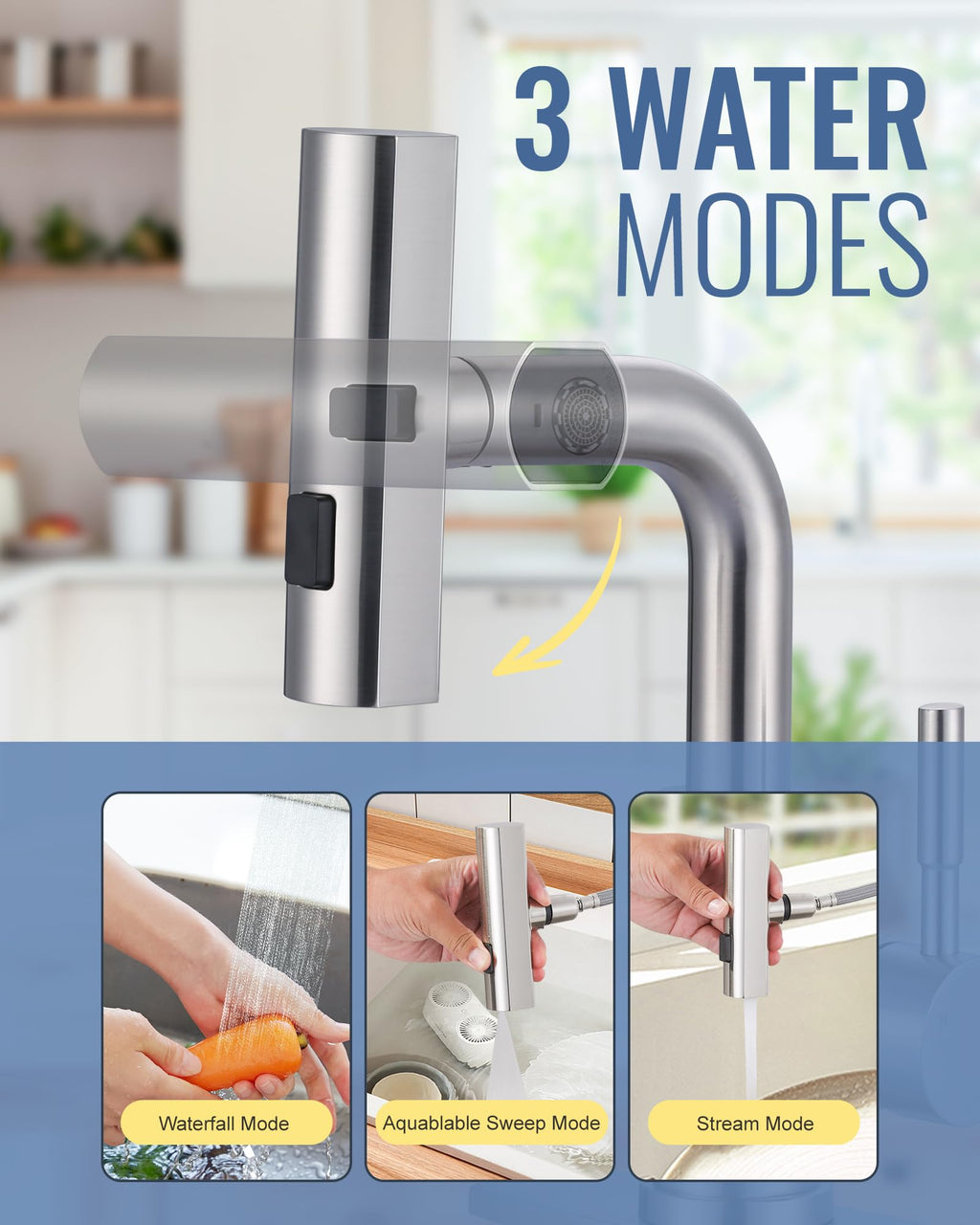 ALEASHA Bar Sink Faucet Single Hole, 3 Water Modes Wet Bar Faucets with Pull Out Sprayer, Prep Sink Faucet 360 Swivel for Small Kitchen Bathroom Faucets with cUPC Supply Lines, Brushed Nickel