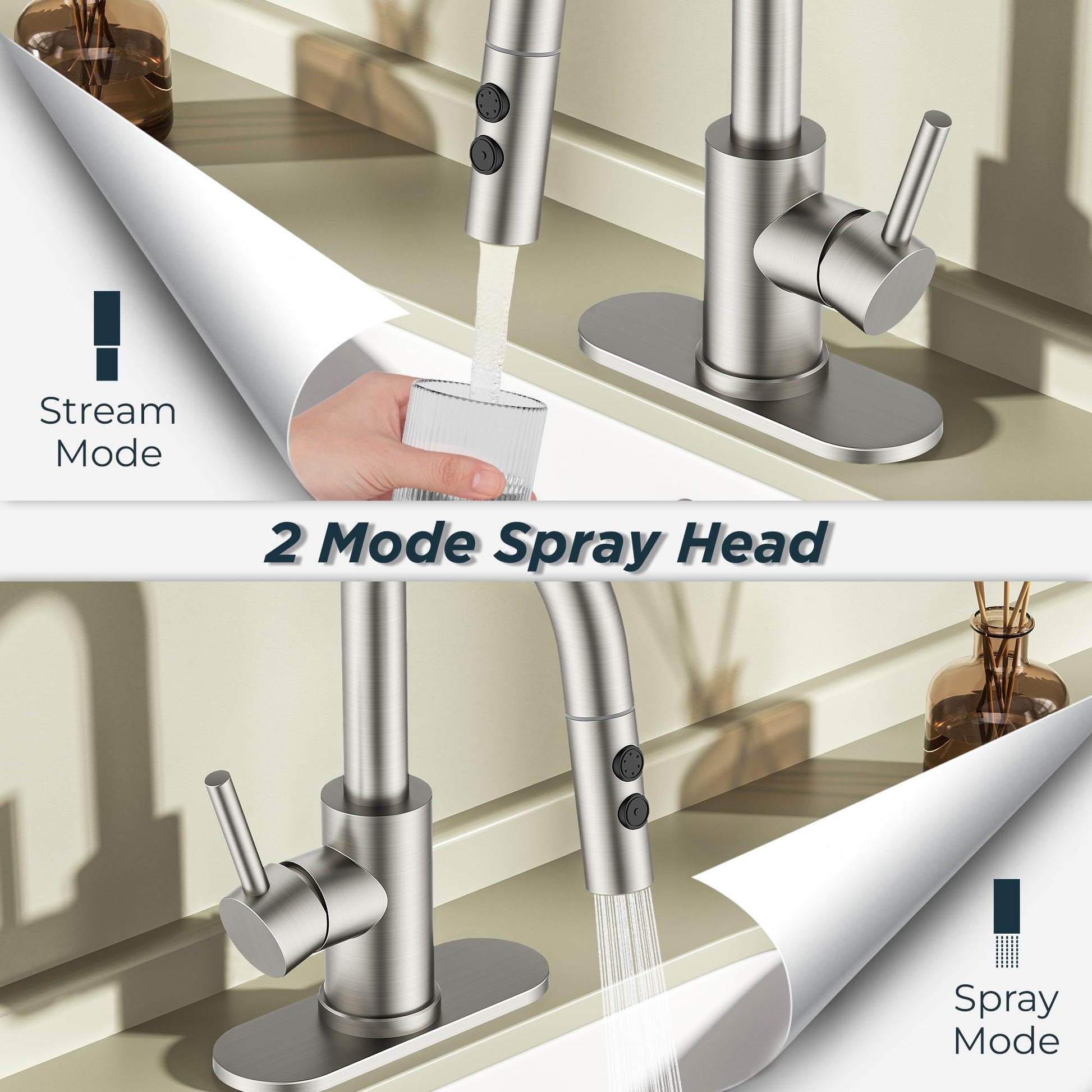 FORIOUS Bathroom Faucet 1 Hole with Pull Down Sprayer, 3 Hole Brushed Nickel Bathroom Sink Faucet with Pop Up Drain for RV Bar Laundry Vanity Utility Sink Remodel, Single Handle Design