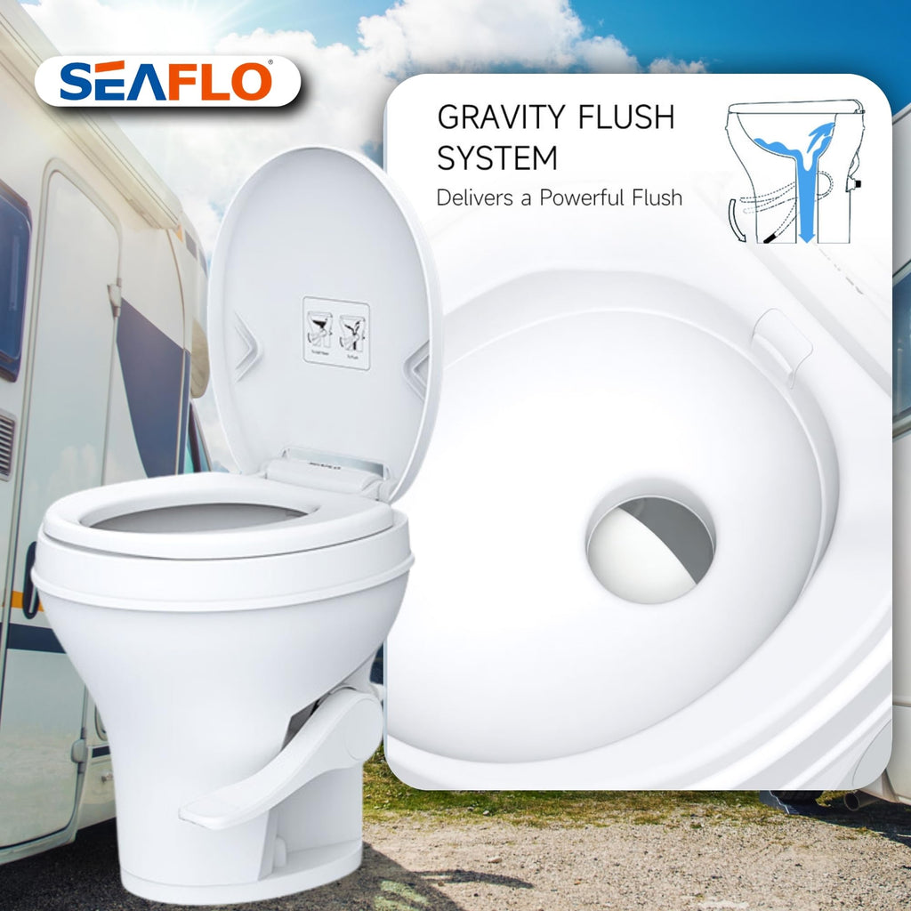 SEAFLO Residential Height Camper/RV Toilet, 18.5” Standard Height, Gravity Flush System, Foot Pedal Operation, Soft Close Seat, Easy-to-Clean Oversized Bowl, 4-Year Warranty