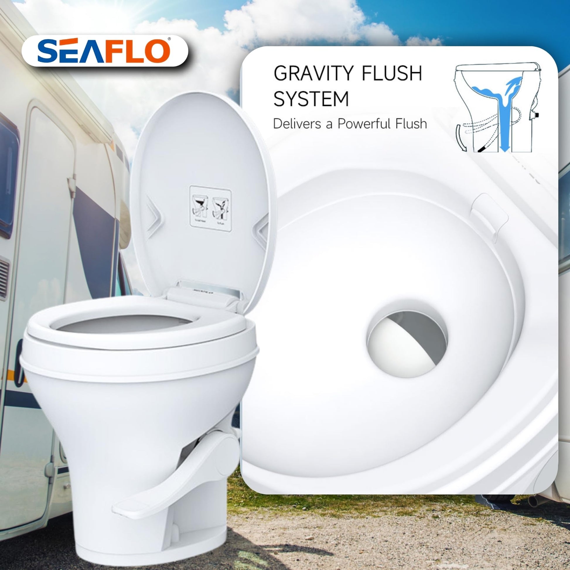 SEAFLO Residential Height Camper/RV Toilet, 18.5” Standard Height, Gravity Flush System, Foot Pedal Operation, Soft Close Seat, Easy-to-Clean Oversized Bowl, 4-Year Warranty