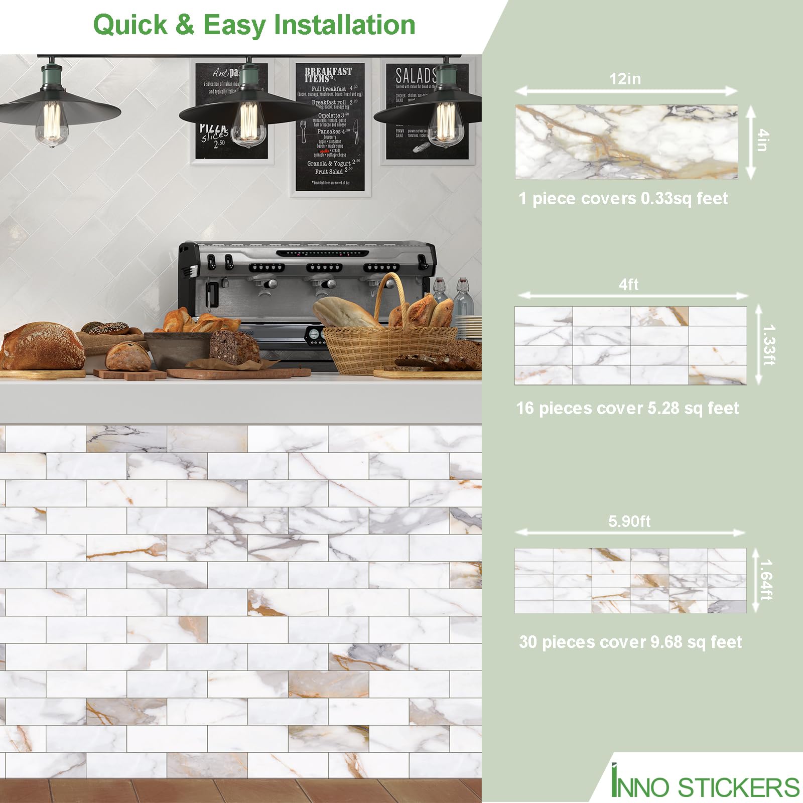INNO STICKERS 30-Sheet Marble Subway Tile Peel and Stick Tile, 4 in. x 12 in. Stone Composite Waterproof Backsplash Tiles for Kitchen, Bathroom, Fireplace(Gold Marble)