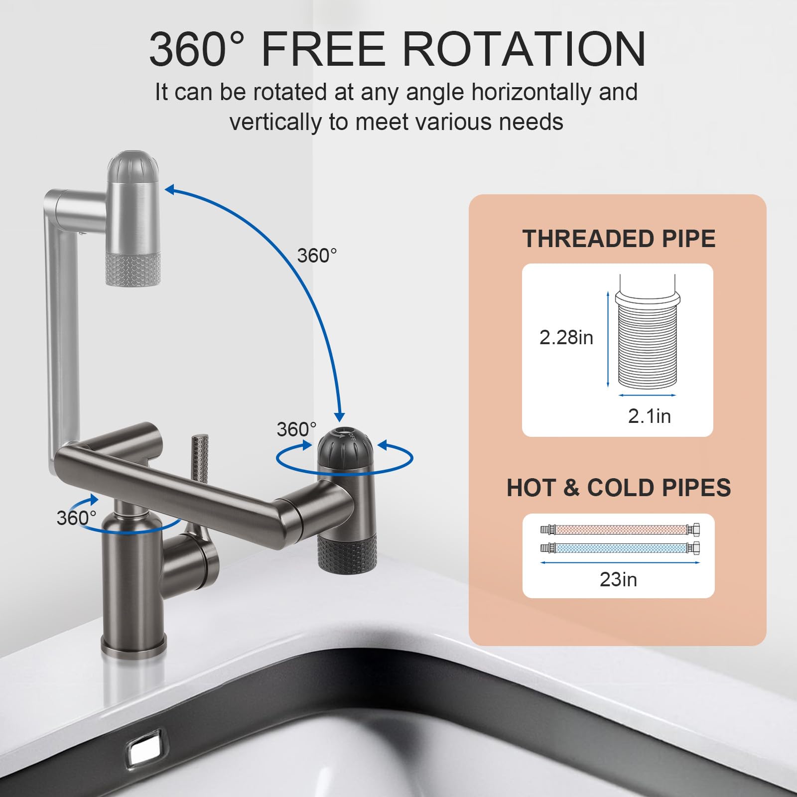 Hawkrown 1080° Rotatable Bathroom Faucet, 1 Hole Single Handle with 4 Water Outlet Modes, Brushed Gray Swivel Arm Faucet for Bathroom Kitchen and RV