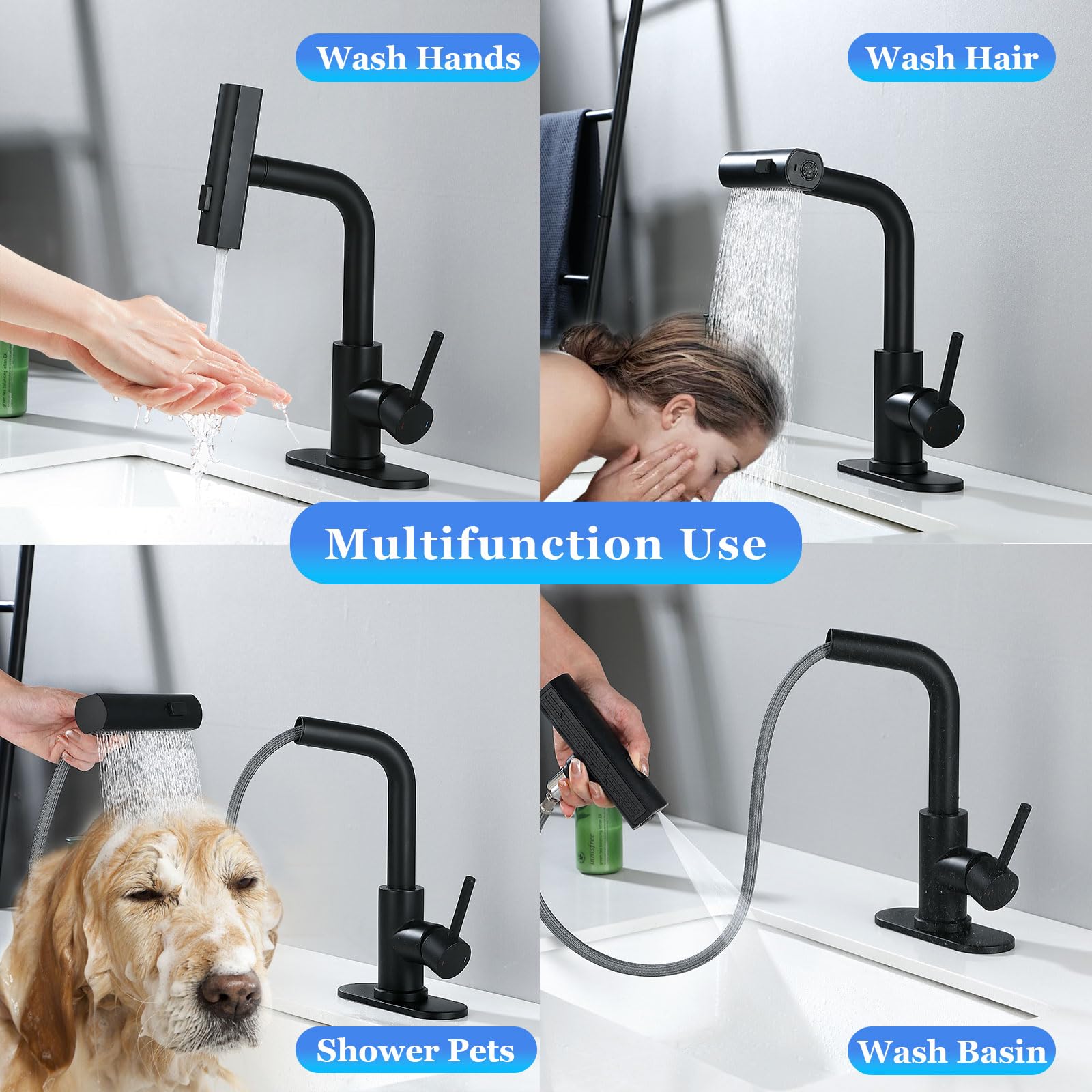 TRIPHIL Waterfall Bathroom Faucets with 3 Mode Pull Down Sprayer,Single Handle Modern Bath Sink Faucet with Pop Up Drain and Deck Plate,Matte Black 1 Hole RV, Bar,Restroom,Lavatory,Vanity Tap