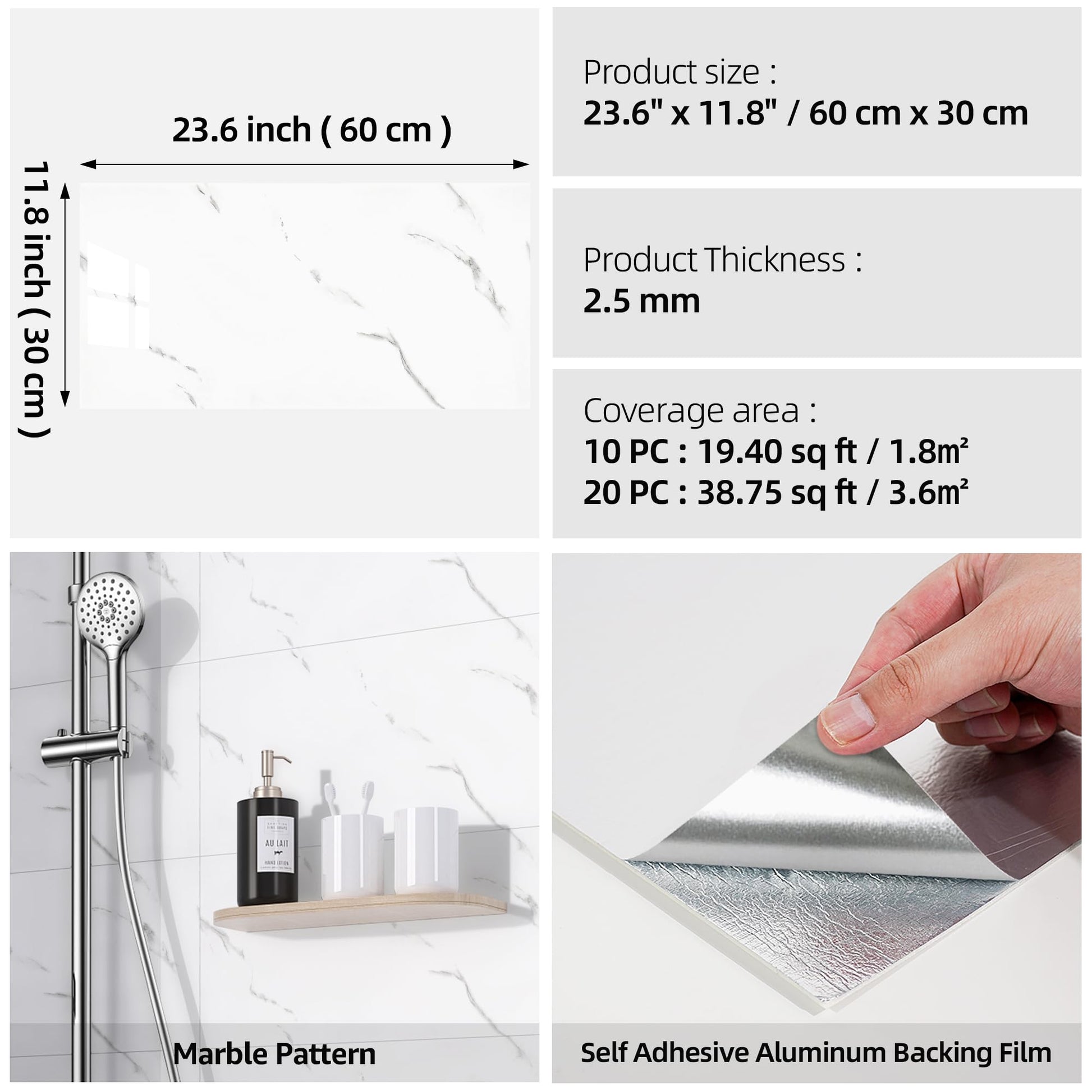WADILE 23.6"x11.8" Waterproof Marble Peel and Stick Wall Panels Marble Tile PVC Backsplash Tiles for Kitchen, Bathroom, Living Room, Bedroom 10 Pack White