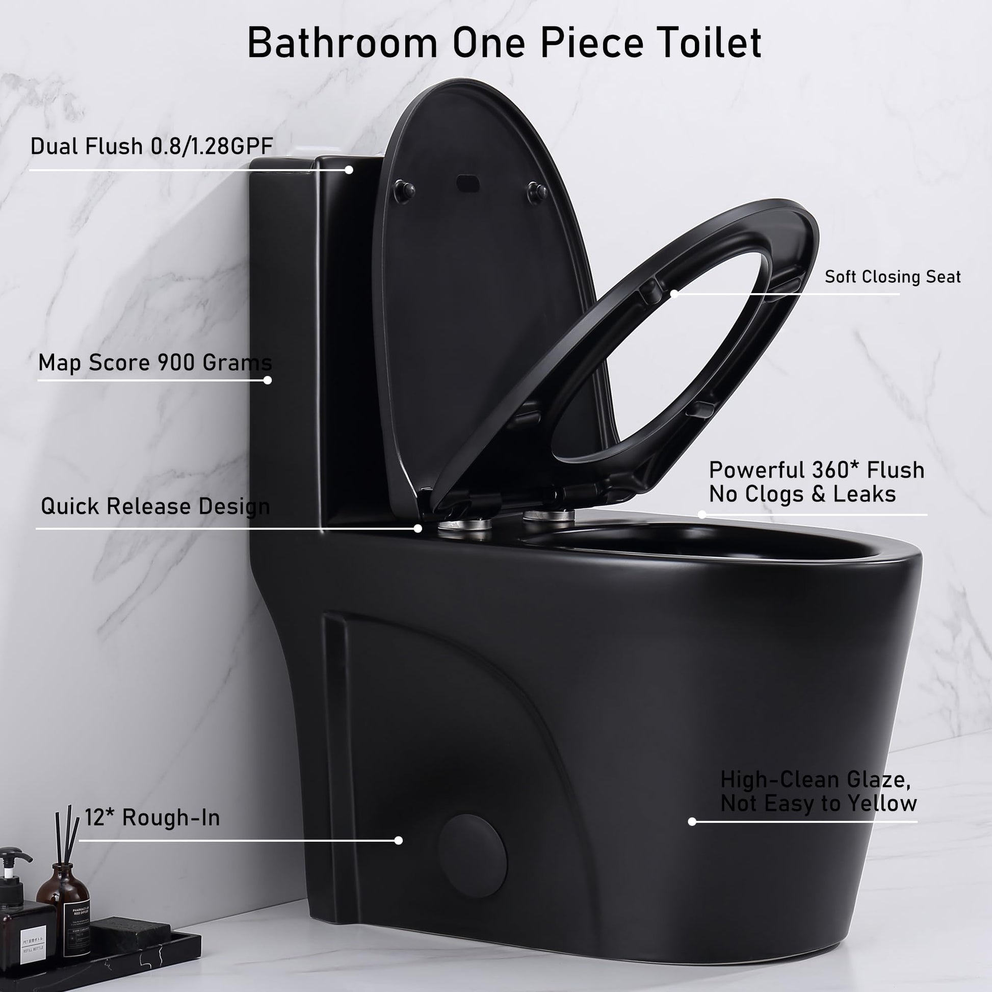 One Piece Toilet, Elongated One-Piece Toilet for Bathrooms, Dual Power Flush Toilet 1.1/1.6 GPF and MAP 900g, Soft Close, Durable Ceramic, Easy-to-Clean Surface (Black)
