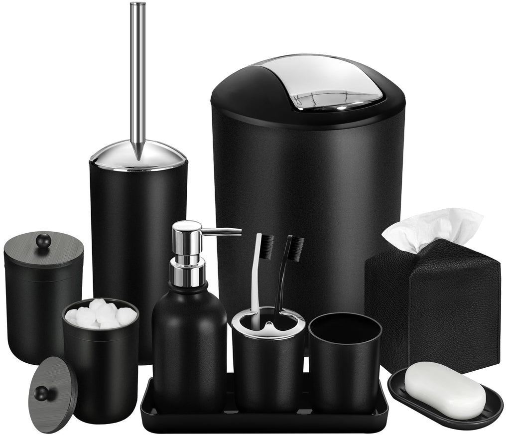 ALPIRIRAL Black Bathroom Accessories Set, 10Pcs Bathroom Accessory Set with Trash Can, Soap Dispenser and Toothbrush Holder, Soap Dish, Cotton Ball & Qtip Holder, Toilet Brush Holder, Tissue Box Cover