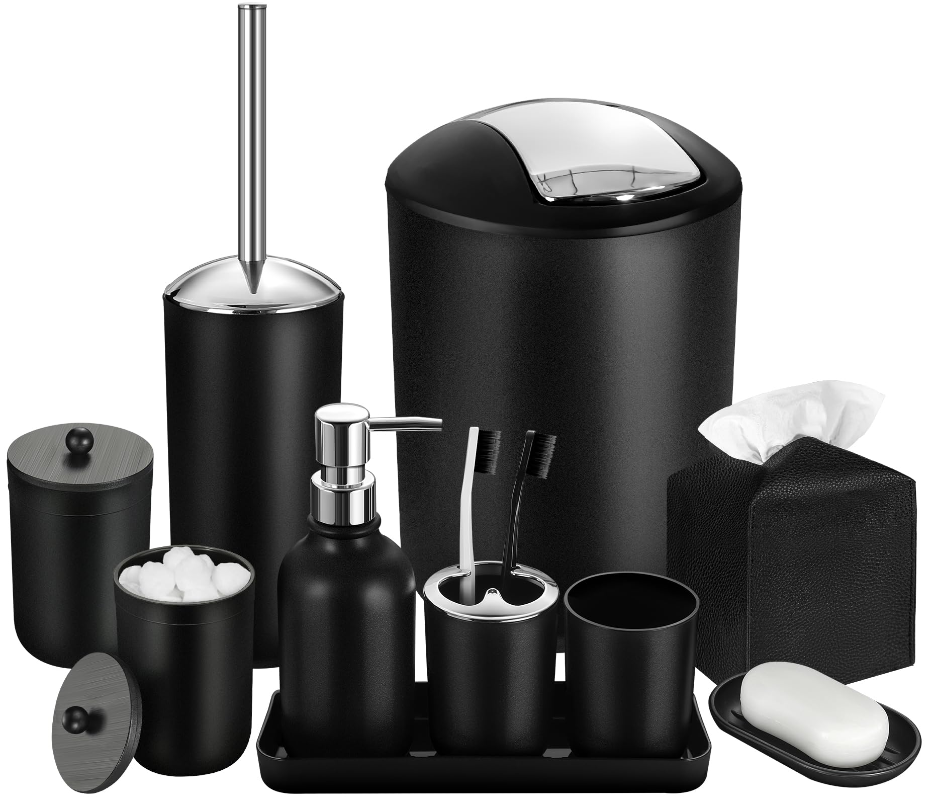 ALPIRIRAL Black Bathroom Accessories Set, 10Pcs Bathroom Accessory Set with Trash Can, Soap Dispenser and Toothbrush Holder, Soap Dish, Cotton Ball & Qtip Holder, Toilet Brush Holder, Tissue Box Cover