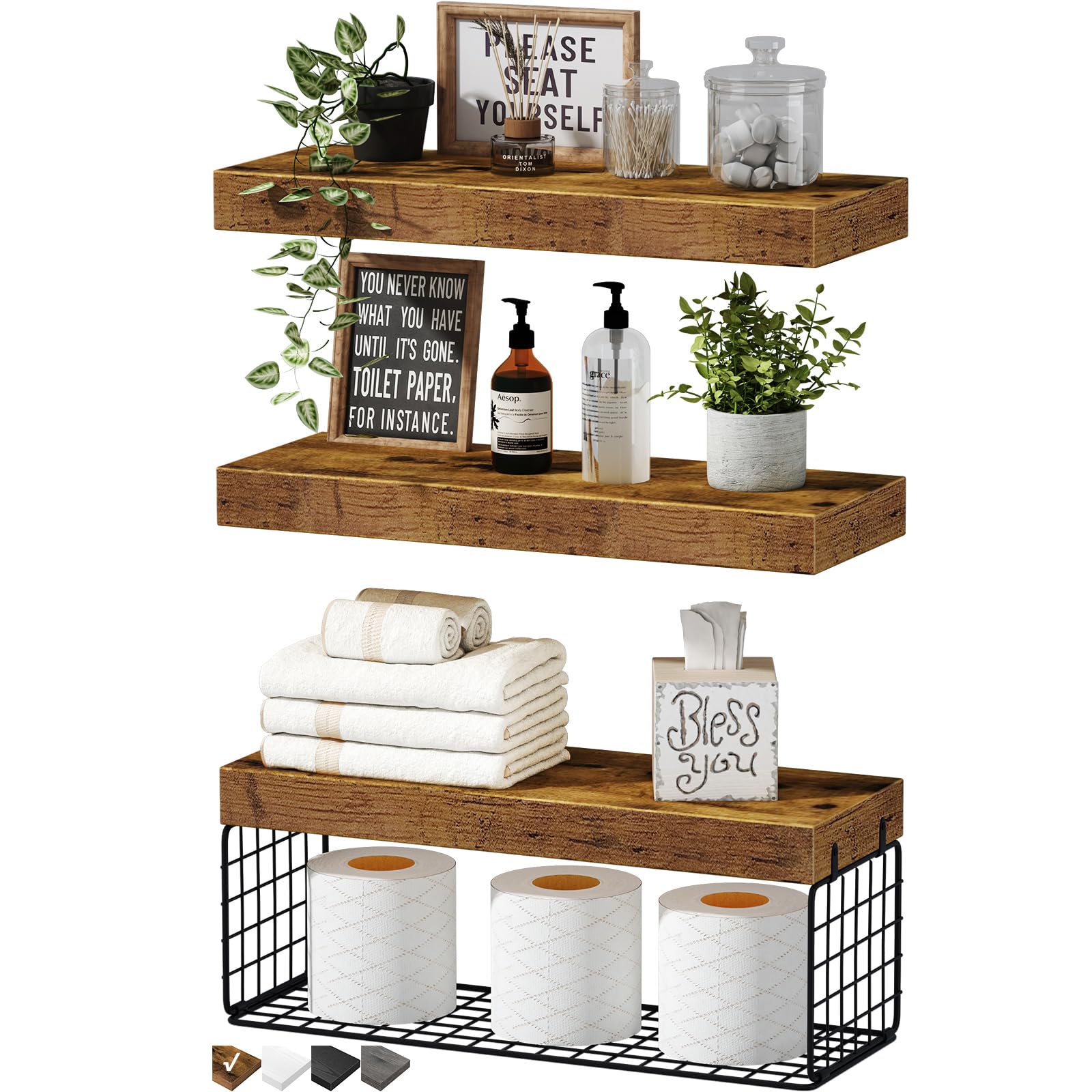 QEEIG Bathroom Shelves Over Toilet - Wall Mounted Floating Shelves Toilet Paper Storage Small Farmhouse Decor Shelf 16 inch Set of 3, Rustic Brown (019-BN3)