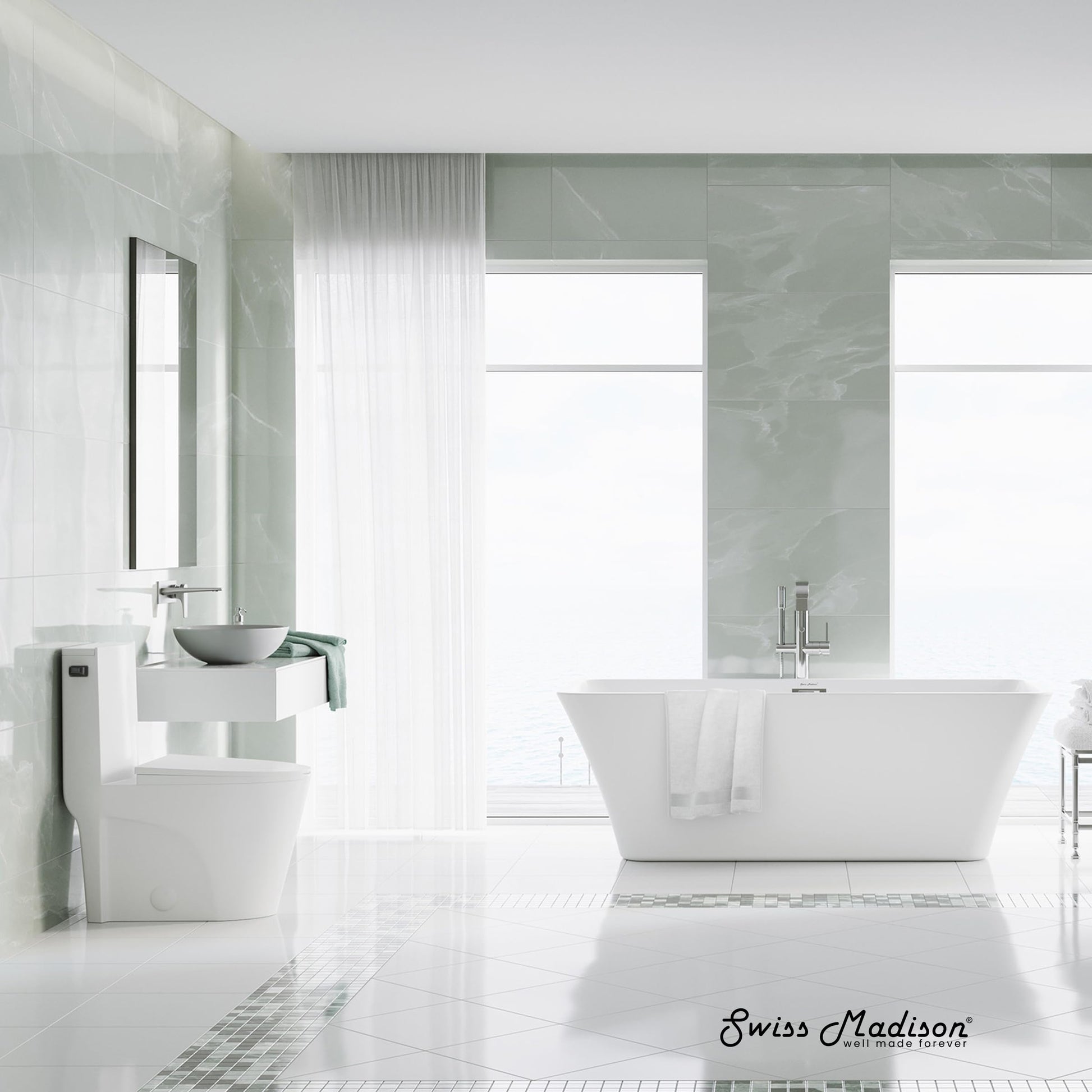 Swiss Madison St. Tropez One Piece Elongated Toilet Side Flush 1.28 gpf with Black Hardware, Glossy White