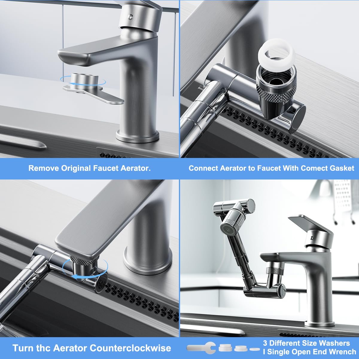 1440° swivel faucet extender, sink faucet aerator extender, swivel extendable filter, with 2 modes splash guard multi-functional universal mechanical arm suitable for kitchen/bathroom/toddlers