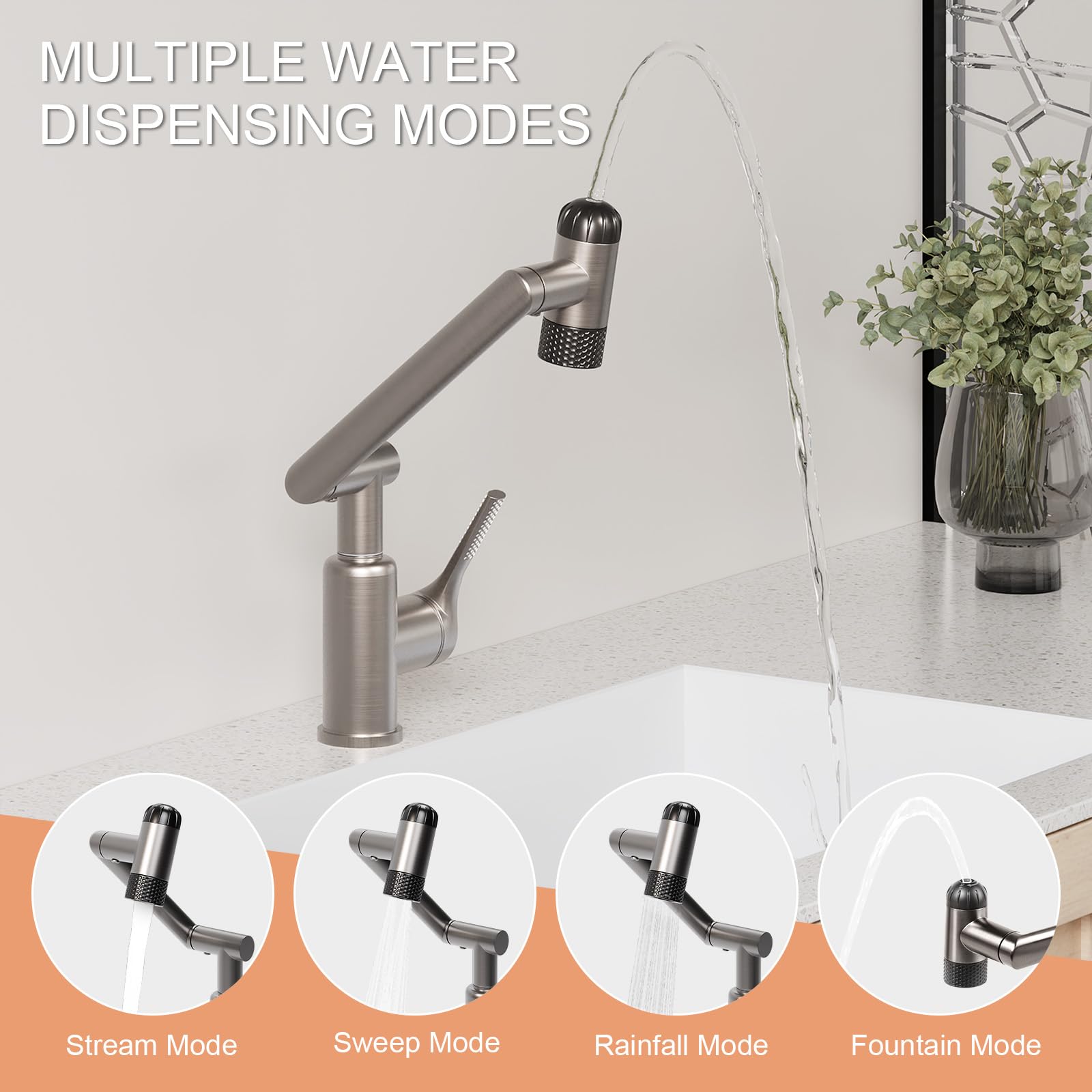 Hawkrown 1080° Rotatable Bathroom Faucet, 1 Hole Single Handle with 4 Water Outlet Modes, Brushed Gray Swivel Arm Faucet for Bathroom Kitchen and RV