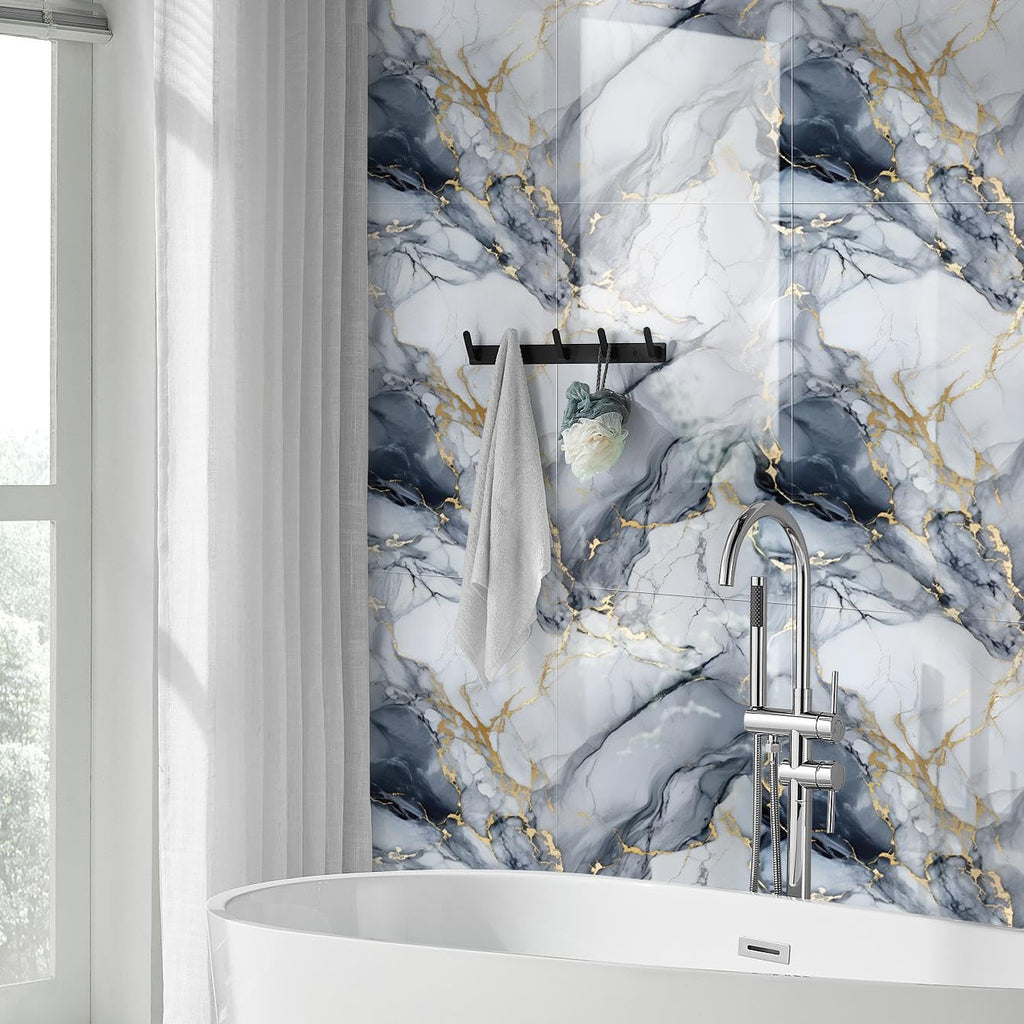 10pcs Marble Peel and Stick Waterproof Wall Panels,Heat-Resistant Backsplash Tile, 23.6"x11.8" PVC Foam Wall Sticker for Kitchen,Living Rooms, Bedrooms TV Walls,Blue (Not Real Tile 19.4Sq. Ft.)