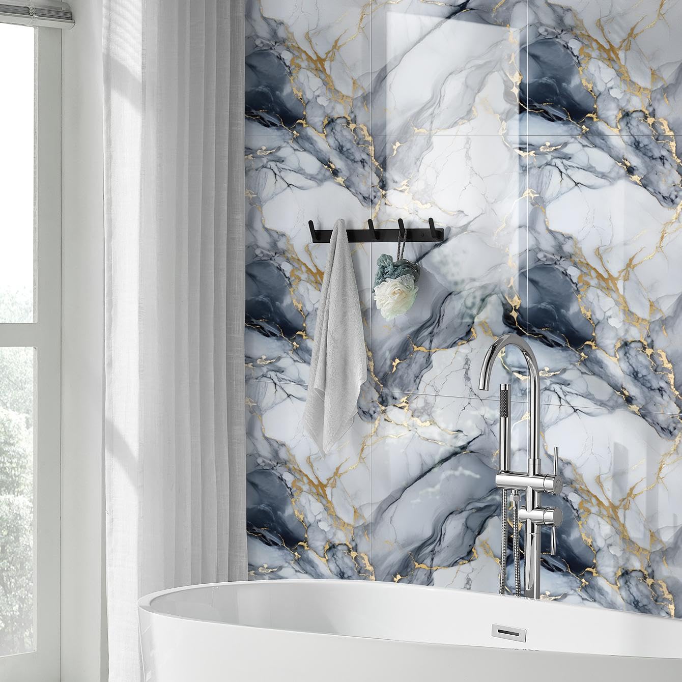 10pcs Marble Peel and Stick Waterproof Wall Panels,Heat-Resistant Backsplash Tile, 23.6"x11.8" PVC Foam Wall Sticker for Kitchen,Living Rooms, Bedrooms TV Walls,Blue (Not Real Tile 19.4Sq. Ft.)