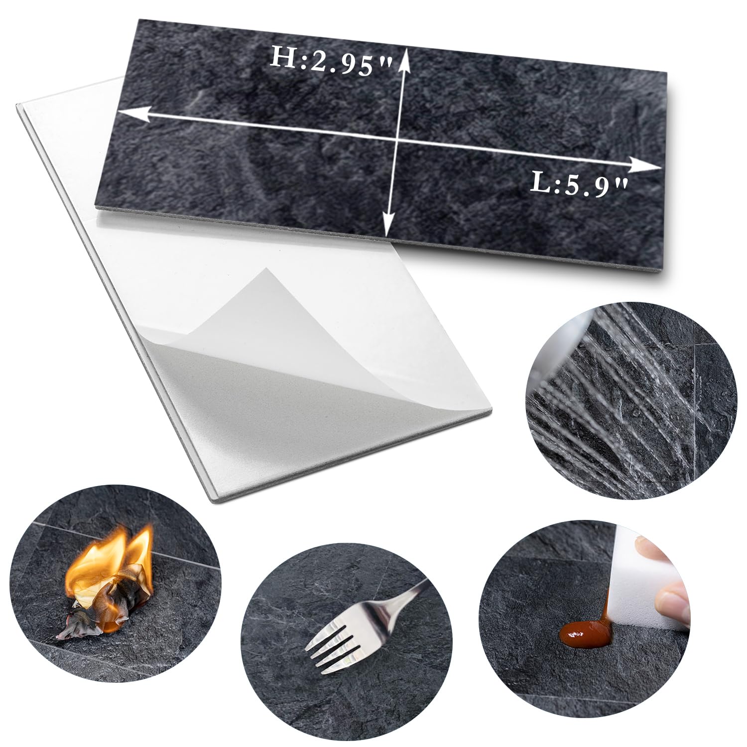AULIGET 100 Piece Black Slate Peel and Stick Backsplash Wall Tiles, 3" x 6" PVC Faux Stone Stick on Tiles for Backsplash Kitchen, Bathroom, Laundry Room, Camper, Fireplace