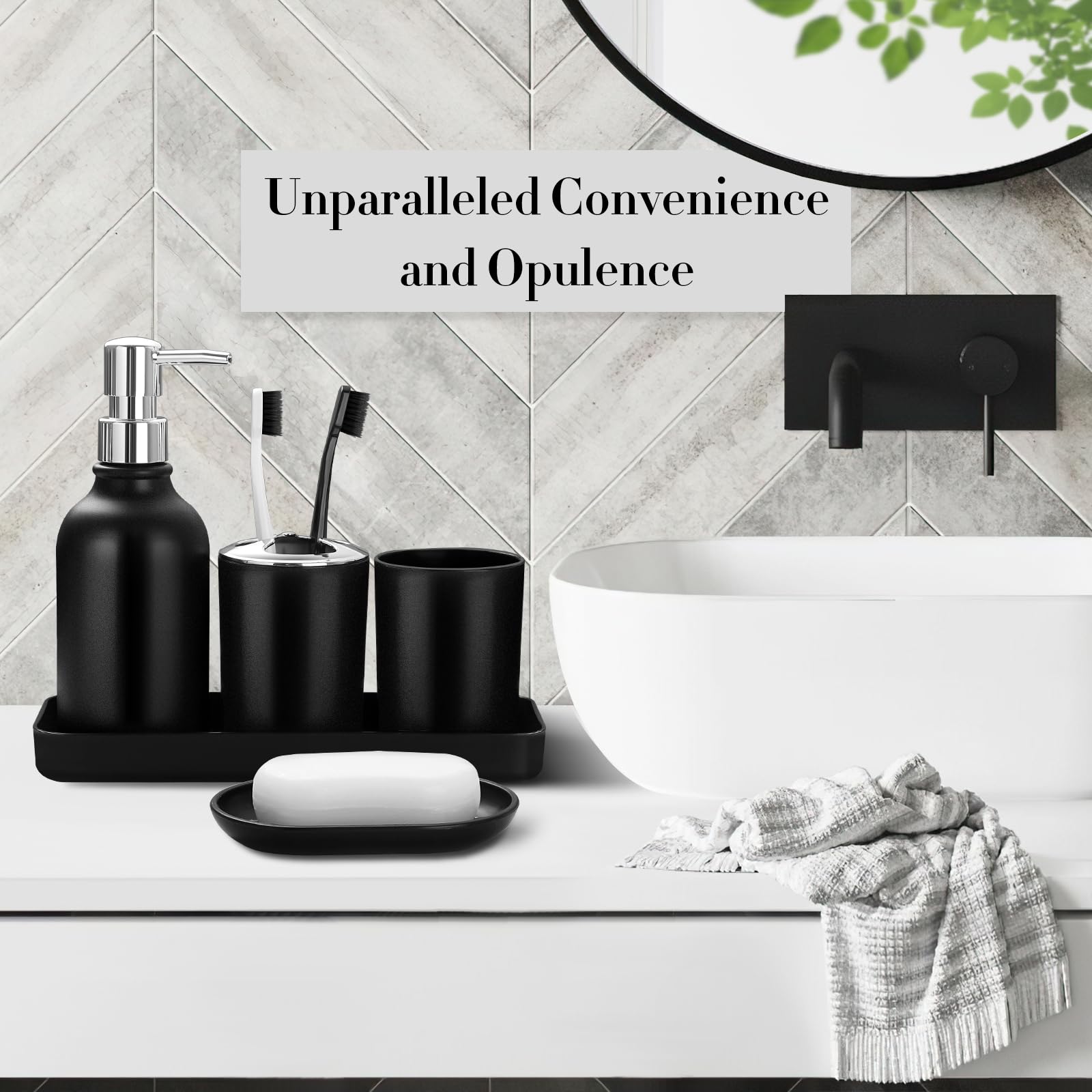 ALPIRIRAL Black Bathroom Accessories Set, 10Pcs Bathroom Accessory Set with Trash Can, Soap Dispenser and Toothbrush Holder, Soap Dish, Cotton Ball & Qtip Holder, Toilet Brush Holder, Tissue Box Cover