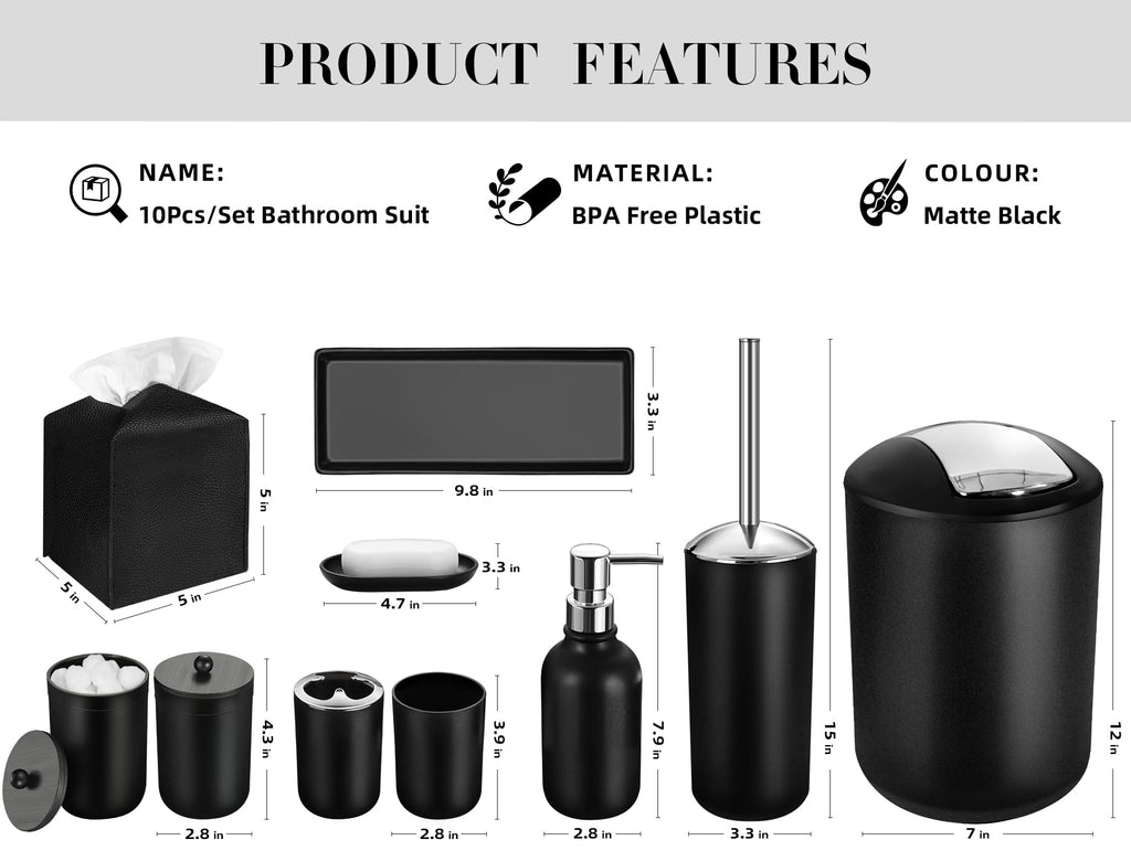 ALPIRIRAL Black Bathroom Accessories Set, 10Pcs Bathroom Accessory Set with Trash Can, Soap Dispenser and Toothbrush Holder, Soap Dish, Cotton Ball & Qtip Holder, Toilet Brush Holder, Tissue Box Cover