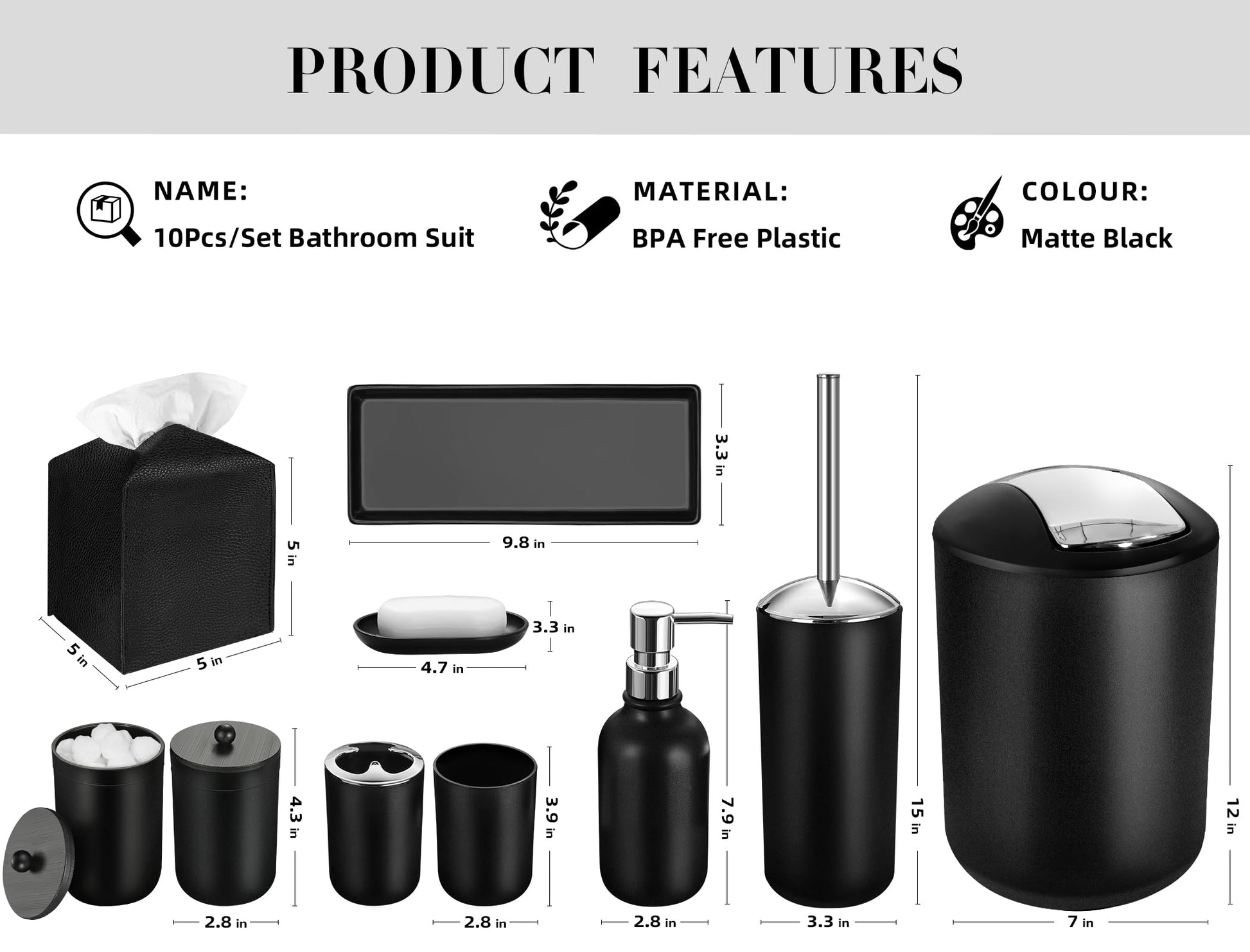 ALPIRIRAL Black Bathroom Accessories Set, 10Pcs Bathroom Accessory Set with Trash Can, Soap Dispenser and Toothbrush Holder, Soap Dish, Cotton Ball & Qtip Holder, Toilet Brush Holder, Tissue Box Cover