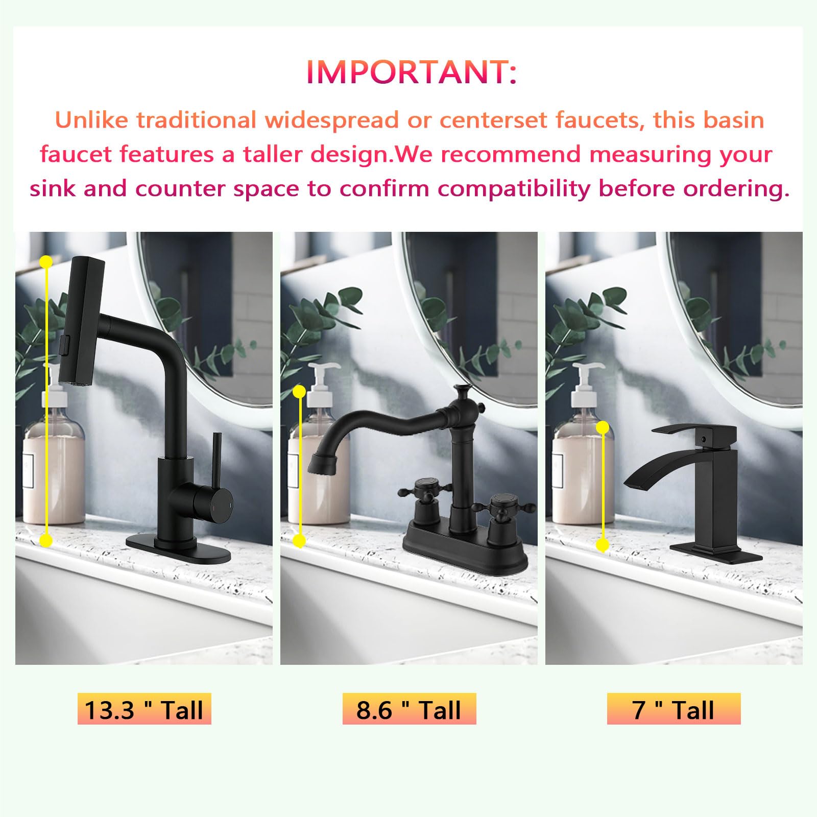 TRIPHIL Waterfall Bathroom Faucets with 3 Mode Pull Down Sprayer,Single Handle Modern Bath Sink Faucet with Pop Up Drain and Deck Plate,Matte Black 1 Hole RV, Bar,Restroom,Lavatory,Vanity Tap