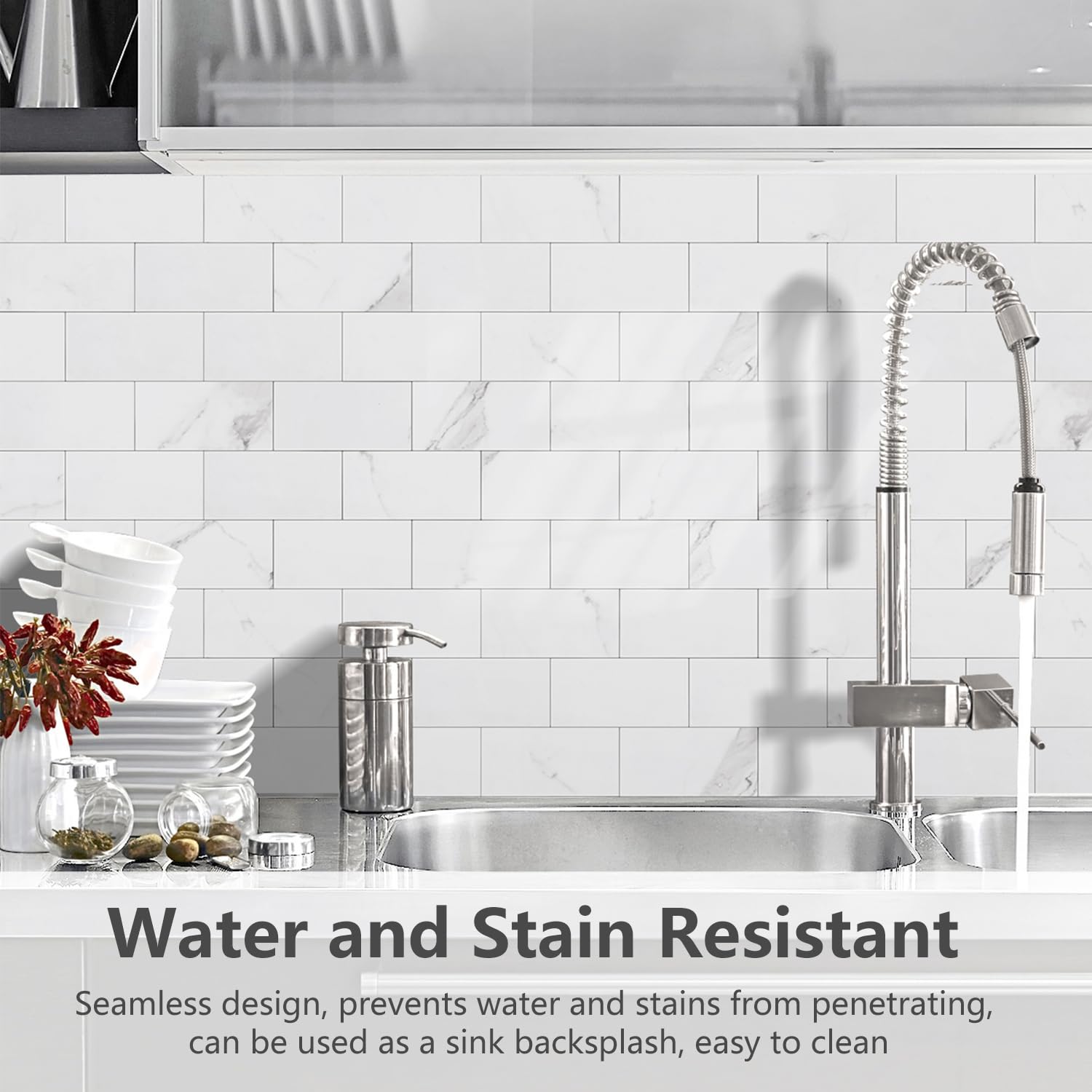 STICKGOO 100-Pieces Peel and Stick Backsplash, 3" x 6" PVC Wall Tile, Marble White Stick on Backsplash for Kitchen/Bathroom/Fireplace
