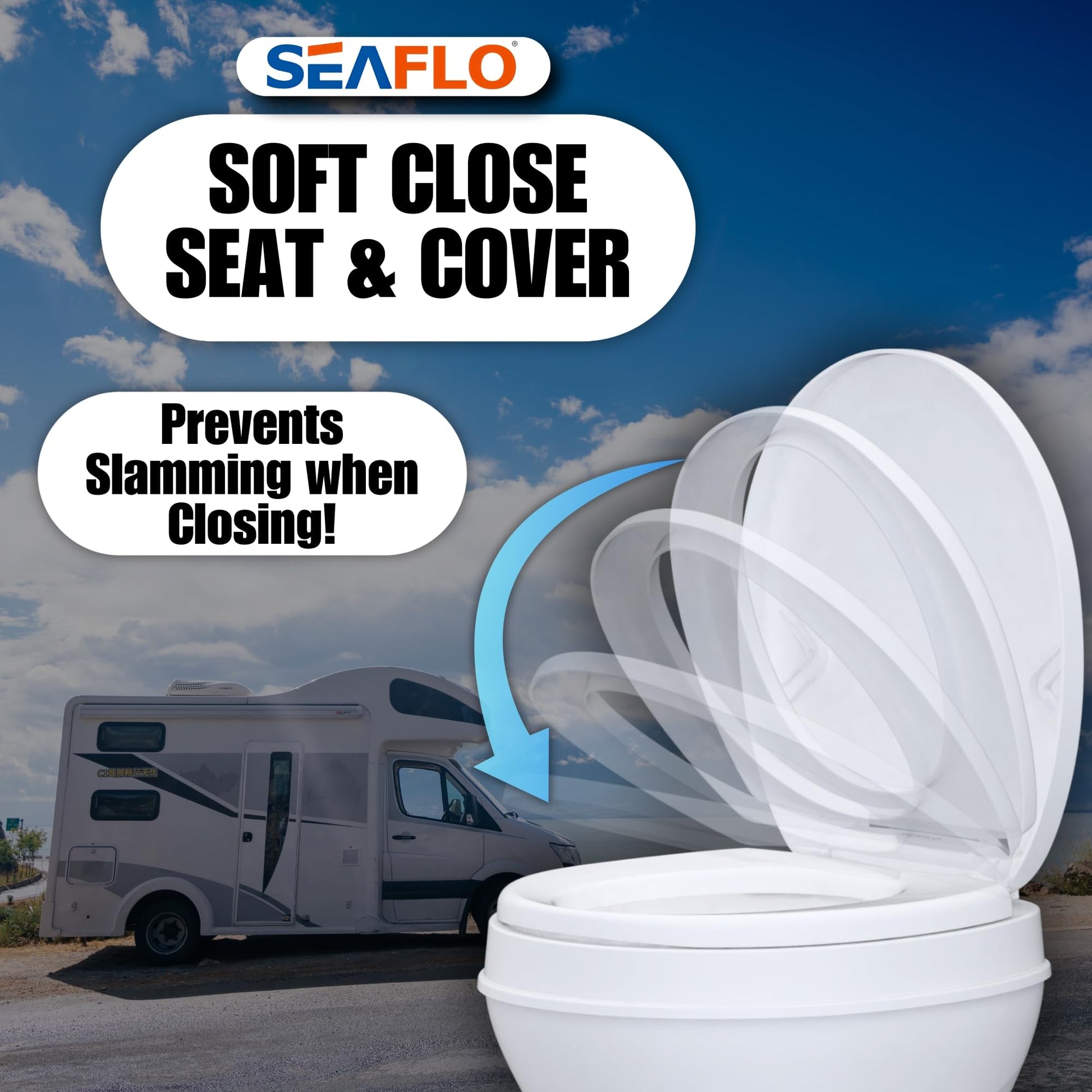 SEAFLO Residential Height Camper/RV Toilet, 18.5” Standard Height, Gravity Flush System, Foot Pedal Operation, Soft Close Seat, Easy-to-Clean Oversized Bowl, 4-Year Warranty