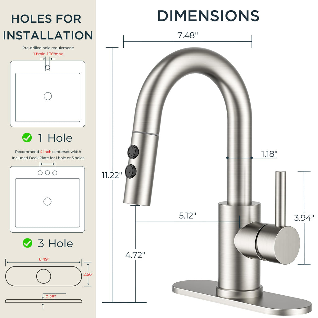 FORIOUS Bathroom Faucet 1 Hole with Pull Down Sprayer, 3 Hole Brushed Nickel Bathroom Sink Faucet with Pop Up Drain for RV Bar Laundry Vanity Utility Sink Remodel, Single Handle Design