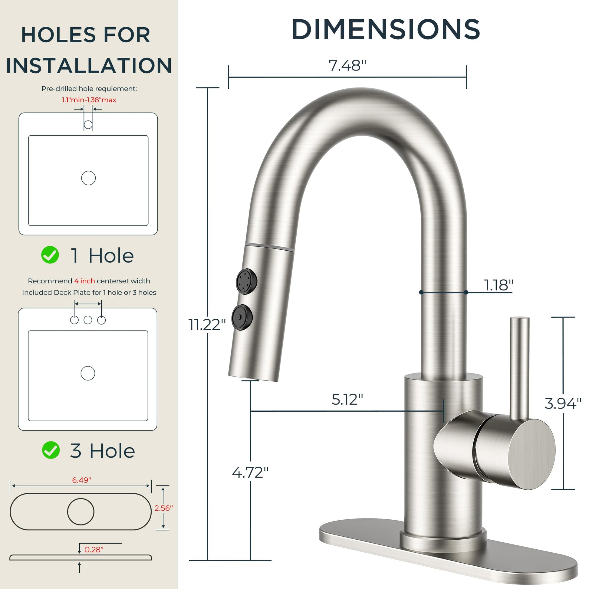 FORIOUS Bathroom Faucet 1 Hole with Pull Down Sprayer, 3 Hole Brushed Nickel Bathroom Sink Faucet with Pop Up Drain for RV Bar Laundry Vanity Utility Sink Remodel, Single Handle Design