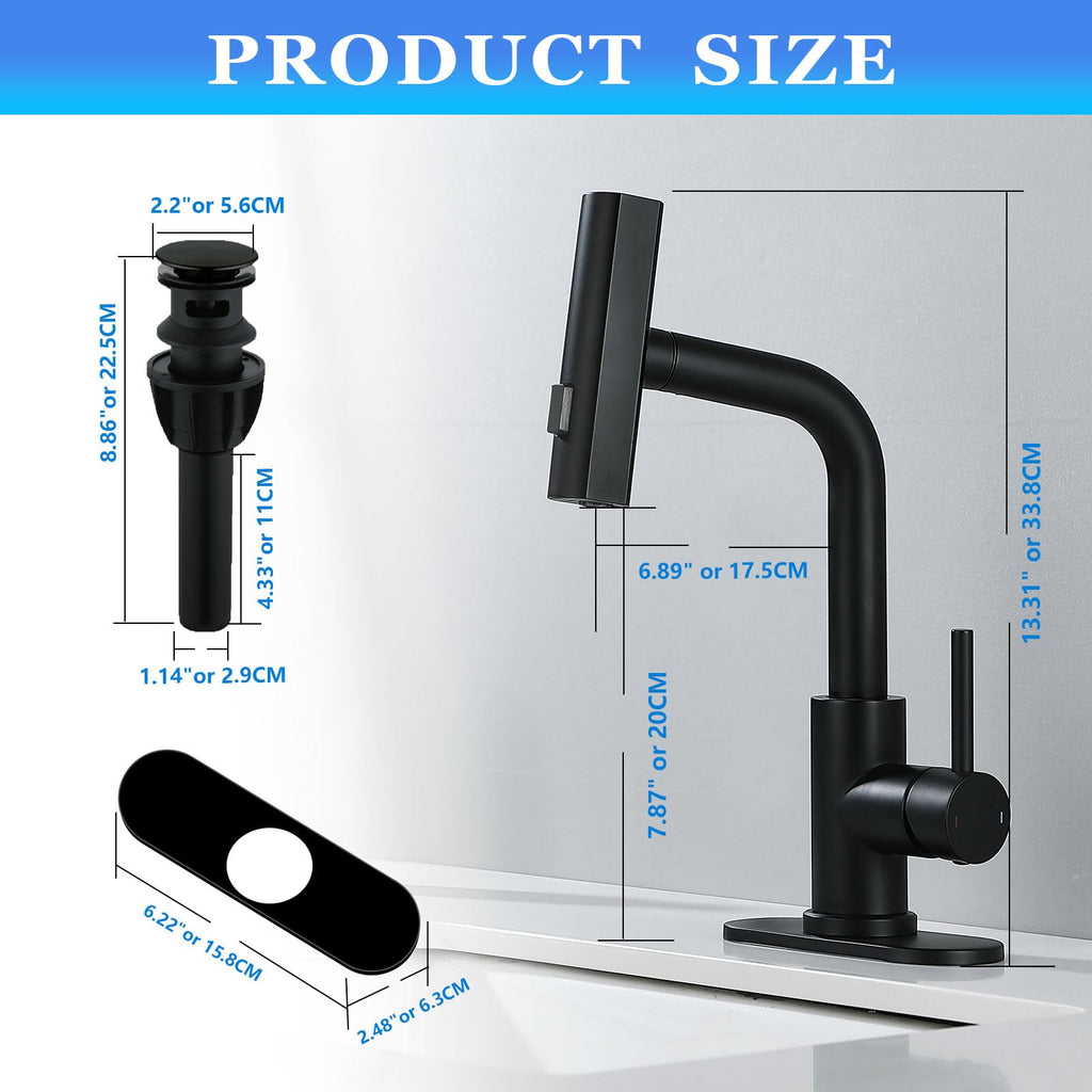 TRIPHIL Waterfall Bathroom Faucets with 3 Mode Pull Down Sprayer,Single Handle Modern Bath Sink Faucet with Pop Up Drain and Deck Plate,Matte Black 1 Hole RV, Bar,Restroom,Lavatory,Vanity Tap