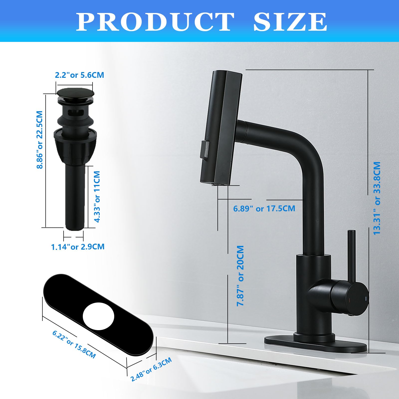 TRIPHIL Waterfall Bathroom Faucets with 3 Mode Pull Down Sprayer,Single Handle Modern Bath Sink Faucet with Pop Up Drain and Deck Plate,Matte Black 1 Hole RV, Bar,Restroom,Lavatory,Vanity Tap