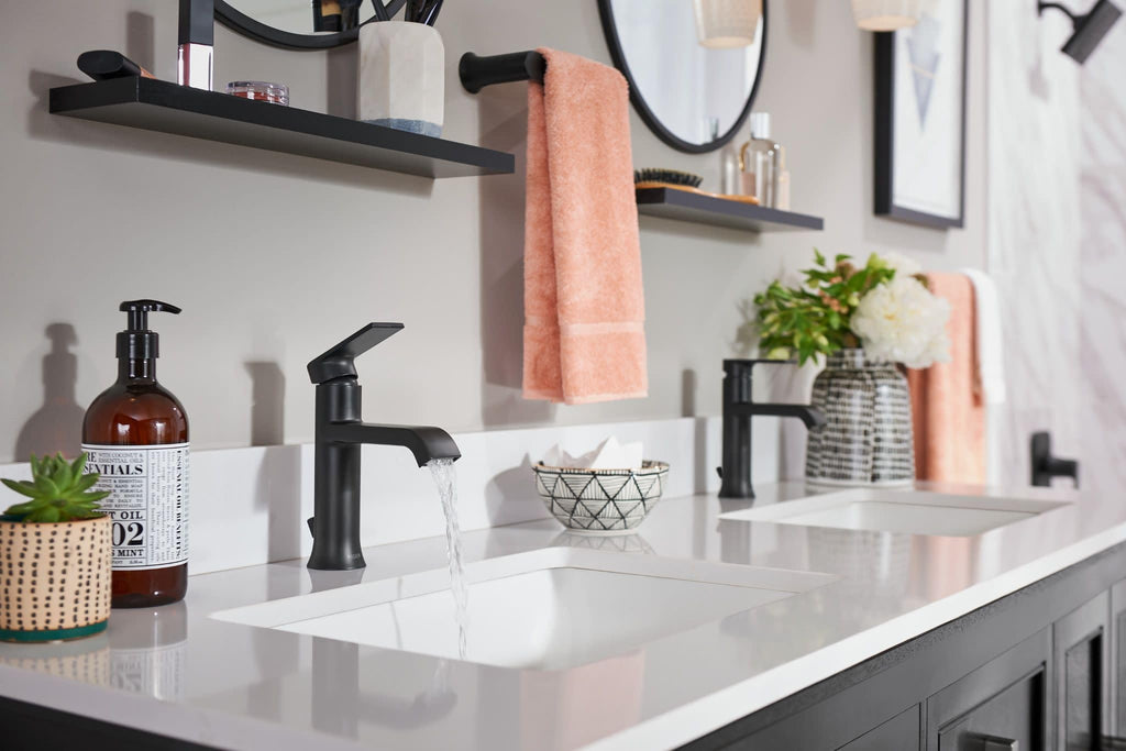 Moen Genta LX Matte Black One-Handle Modern Bathroom Sink Faucet with Optional Deckplate and Low-Arc Spout for Bath Countertop, 6702BL