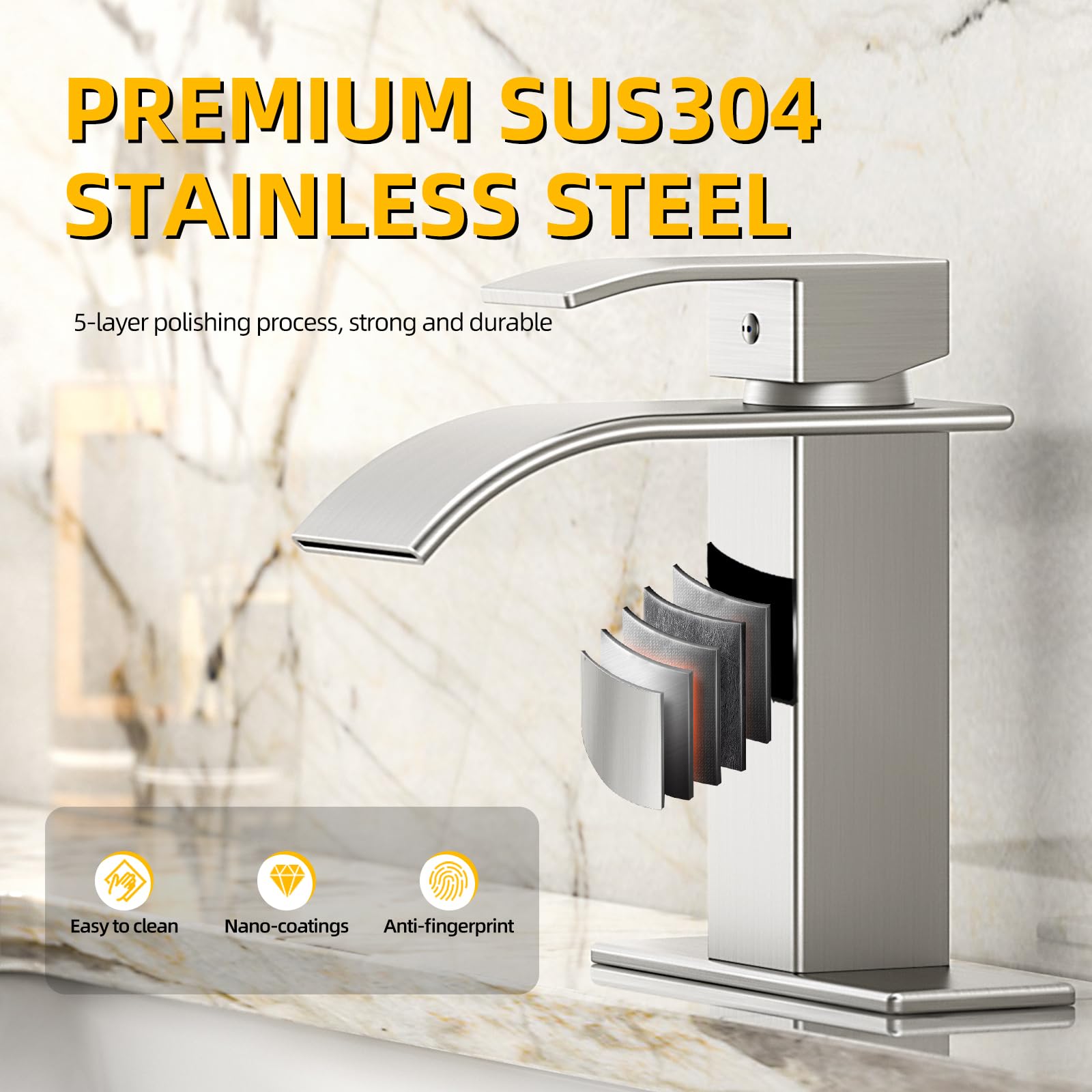 Ryuwanku Bathroom Faucet Brushed Nickel Modern Waterfall Bathroom Sink Faucet with Single Handle Suitable for 1 or 3 Holes,Supply Deck Plate and Hose