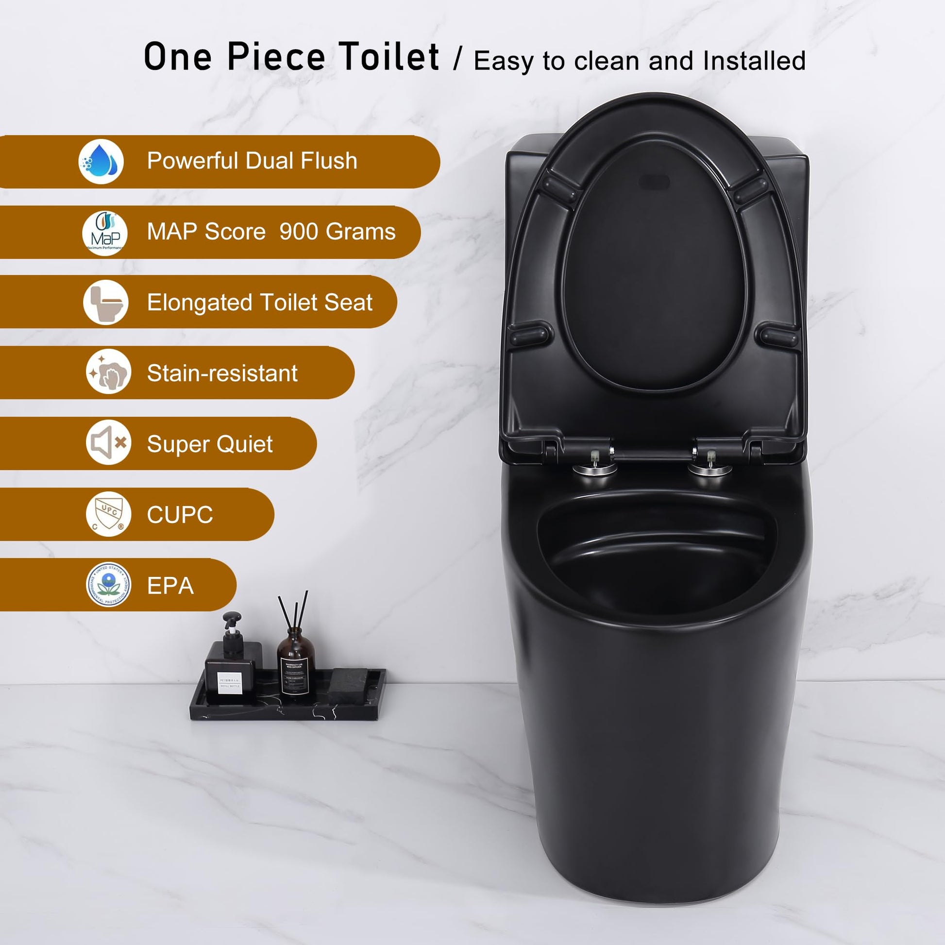 One Piece Toilet, Elongated One-Piece Toilet for Bathrooms, Dual Power Flush Toilet 1.1/1.6 GPF and MAP 900g, Soft Close, Durable Ceramic, Easy-to-Clean Surface (Black)