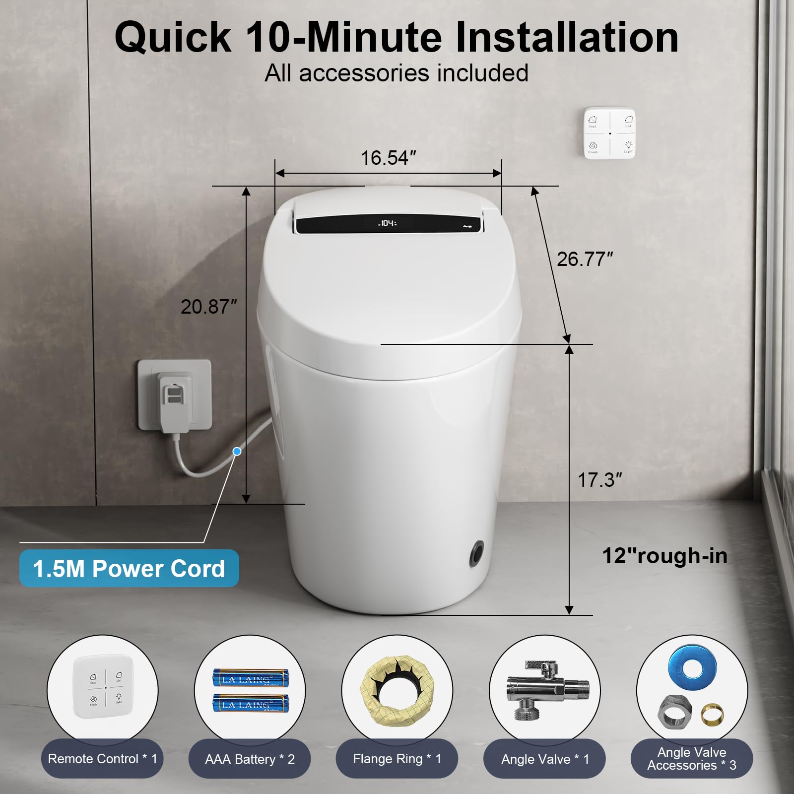 Vipbear Smart Toilet with Heated Seat and Night Light, Tankless Toilets for Bathroom, Modern One Piece Toilet Standard Comfort Height Toilet with Auto Flush, Auto Open Close Lid/Seat,Slow Close, ADA