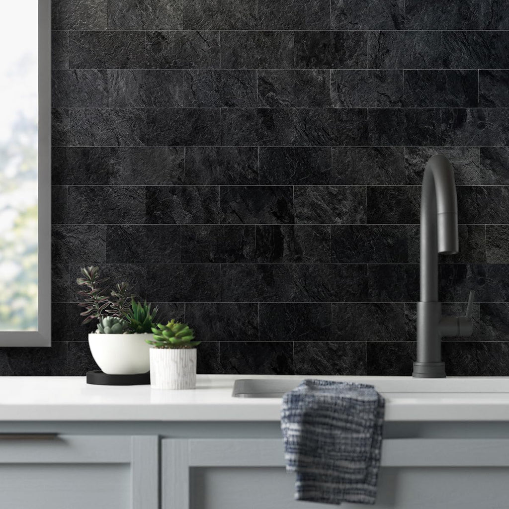 AULIGET 100 Piece Black Slate Peel and Stick Backsplash Wall Tiles, 3" x 6" PVC Faux Stone Stick on Tiles for Backsplash Kitchen, Bathroom, Laundry Room, Camper, Fireplace