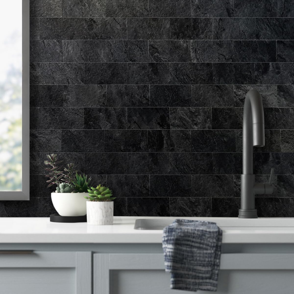 AULIGET 100 Piece Black Slate Peel and Stick Backsplash Wall Tiles, 3" x 6" PVC Faux Stone Stick on Tiles for Backsplash Kitchen, Bathroom, Laundry Room, Camper, Fireplace
