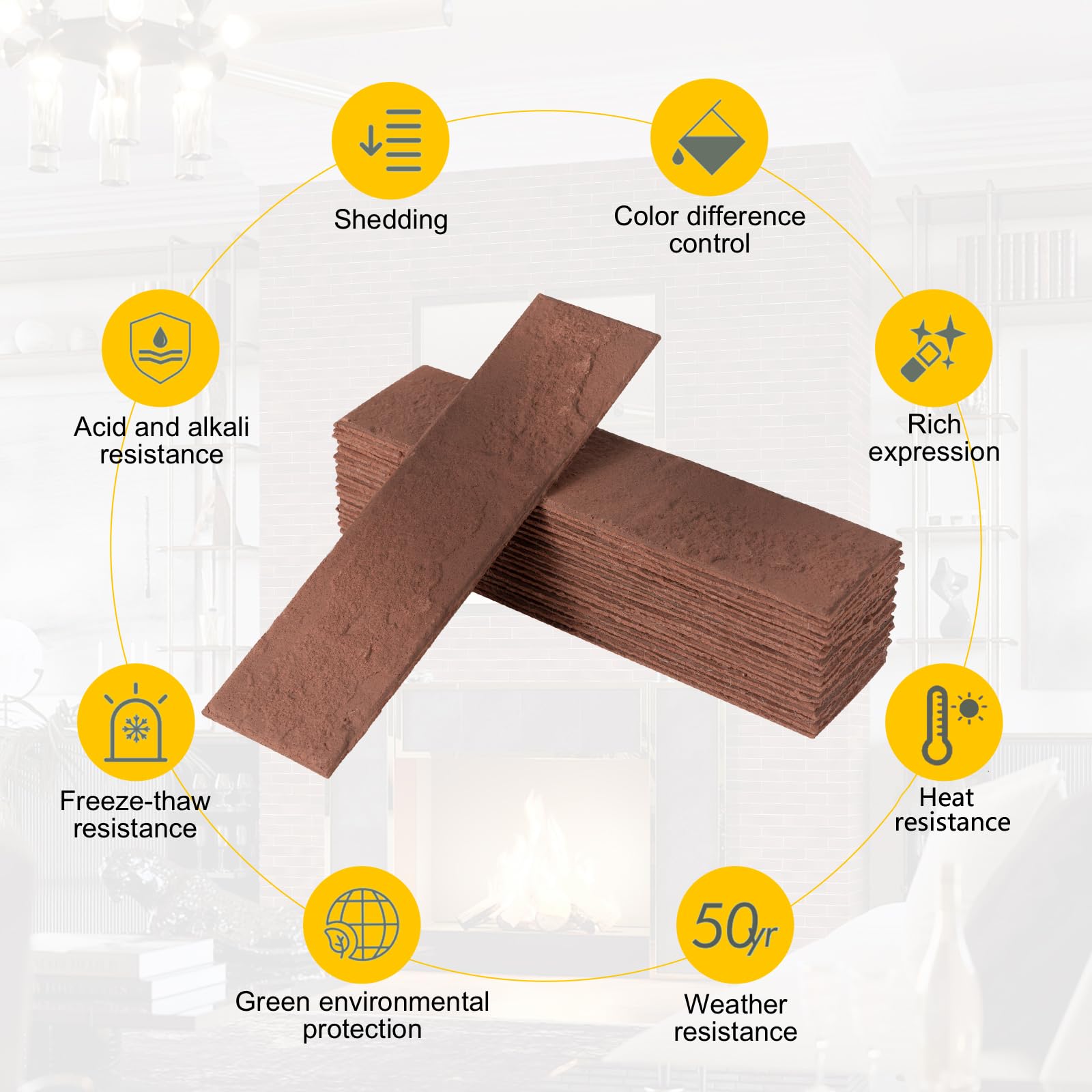Zoeteoz 4 Pcs Vintage Red Faux Thin Brick Dimensional Wall Decor, Red, 8.54'' X 2.36'' Indoor/Outdoor Wall Tile for House Facade, Garage, Chimney
