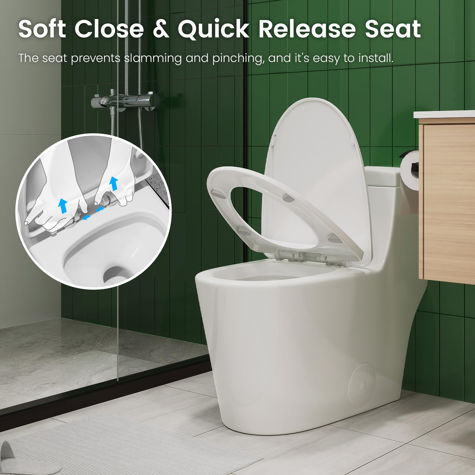 Elongated One Piece Toilet with Soft Closing Seat, 12'' Rough-In Modern Toilet for Bathrooms, 1.28 GPF Dual Flush, MAP 1000g, 28.4 x 15.5 x 26.6 Inches Standard White Toilet bowl