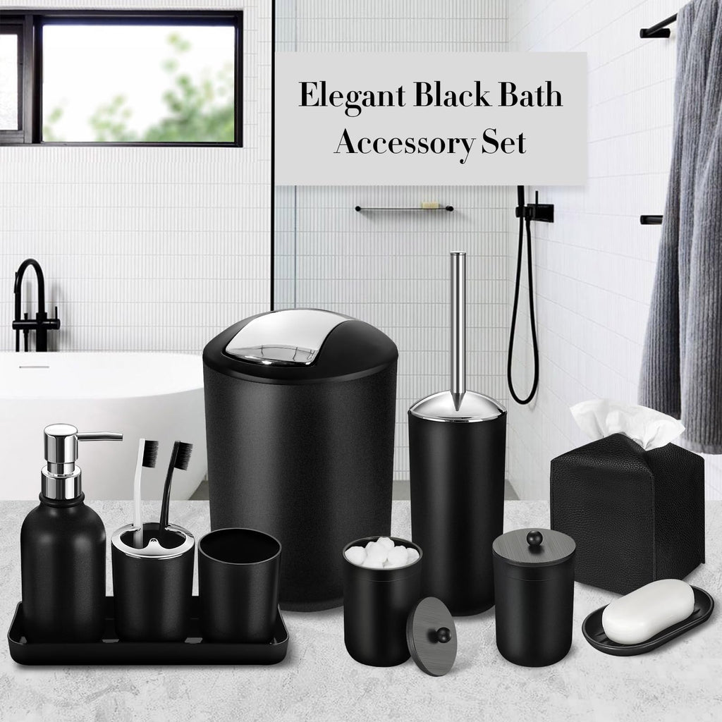 ALPIRIRAL Black Bathroom Accessories Set, 10Pcs Bathroom Accessory Set with Trash Can, Soap Dispenser and Toothbrush Holder, Soap Dish, Cotton Ball & Qtip Holder, Toilet Brush Holder, Tissue Box Cover