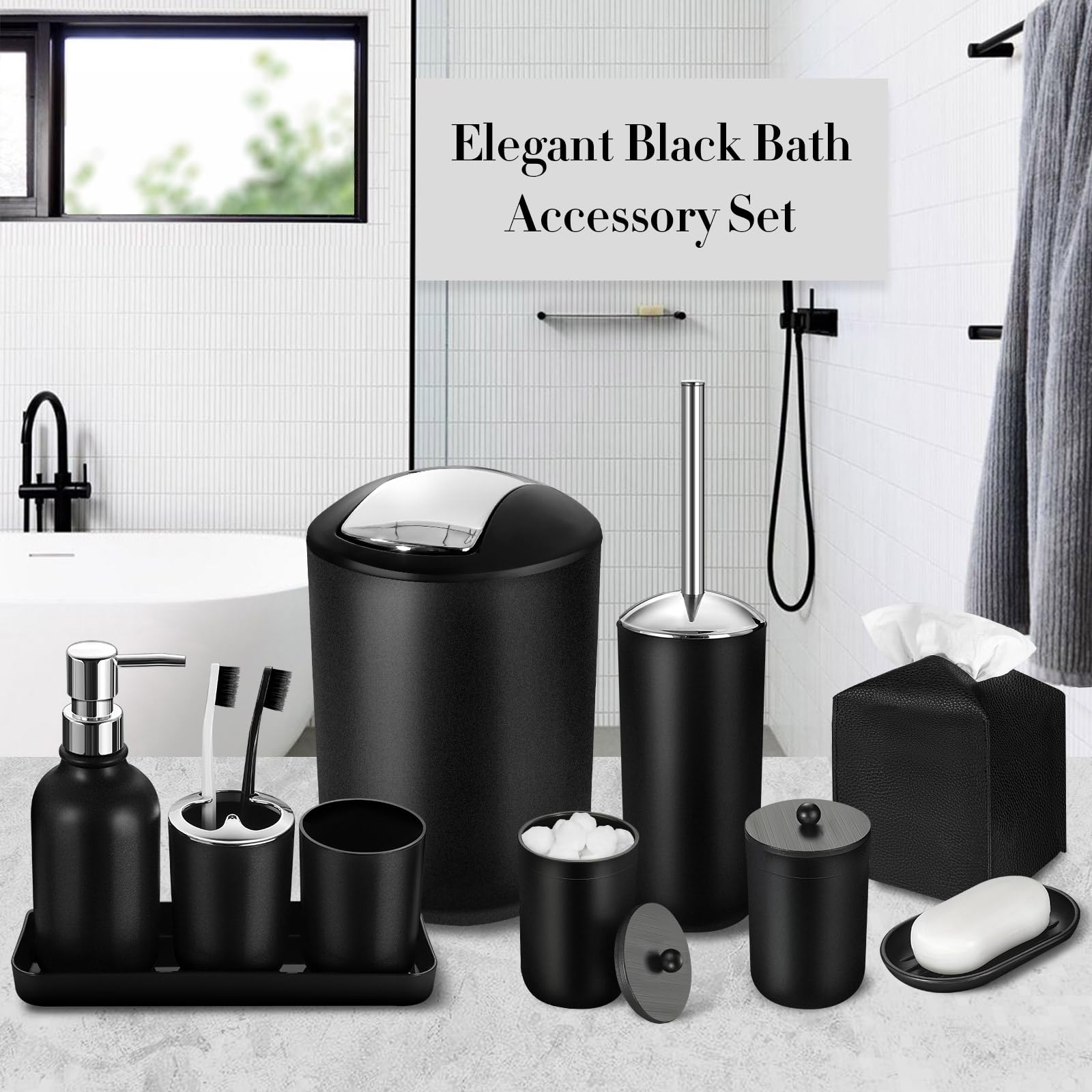 ALPIRIRAL Black Bathroom Accessories Set, 10Pcs Bathroom Accessory Set with Trash Can, Soap Dispenser and Toothbrush Holder, Soap Dish, Cotton Ball & Qtip Holder, Toilet Brush Holder, Tissue Box Cover