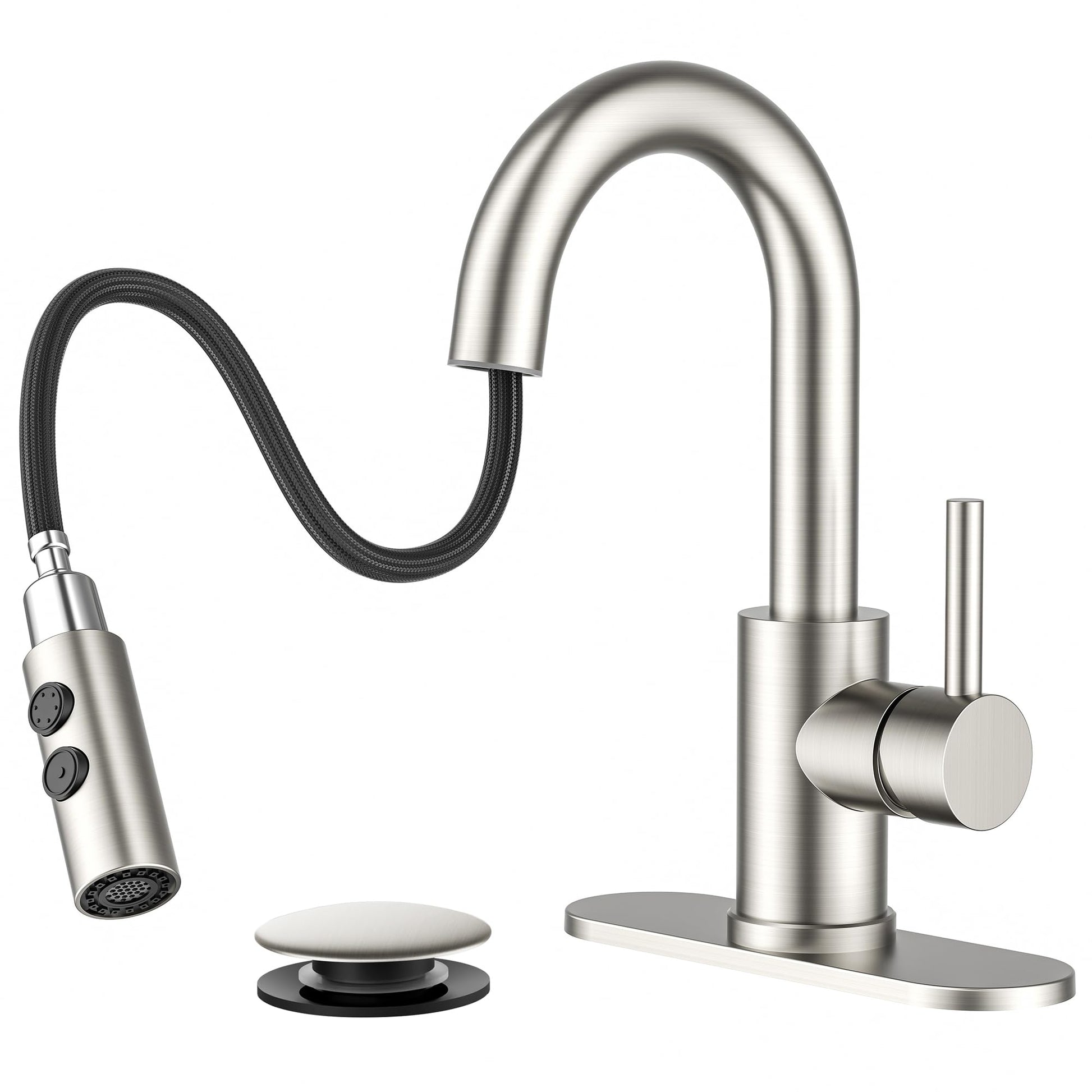 FORIOUS Bathroom Faucet 1 Hole with Pull Down Sprayer, 3 Hole Brushed Nickel Bathroom Sink Faucet with Pop Up Drain for RV Bar Laundry Vanity Utility Sink Remodel, Single Handle Design