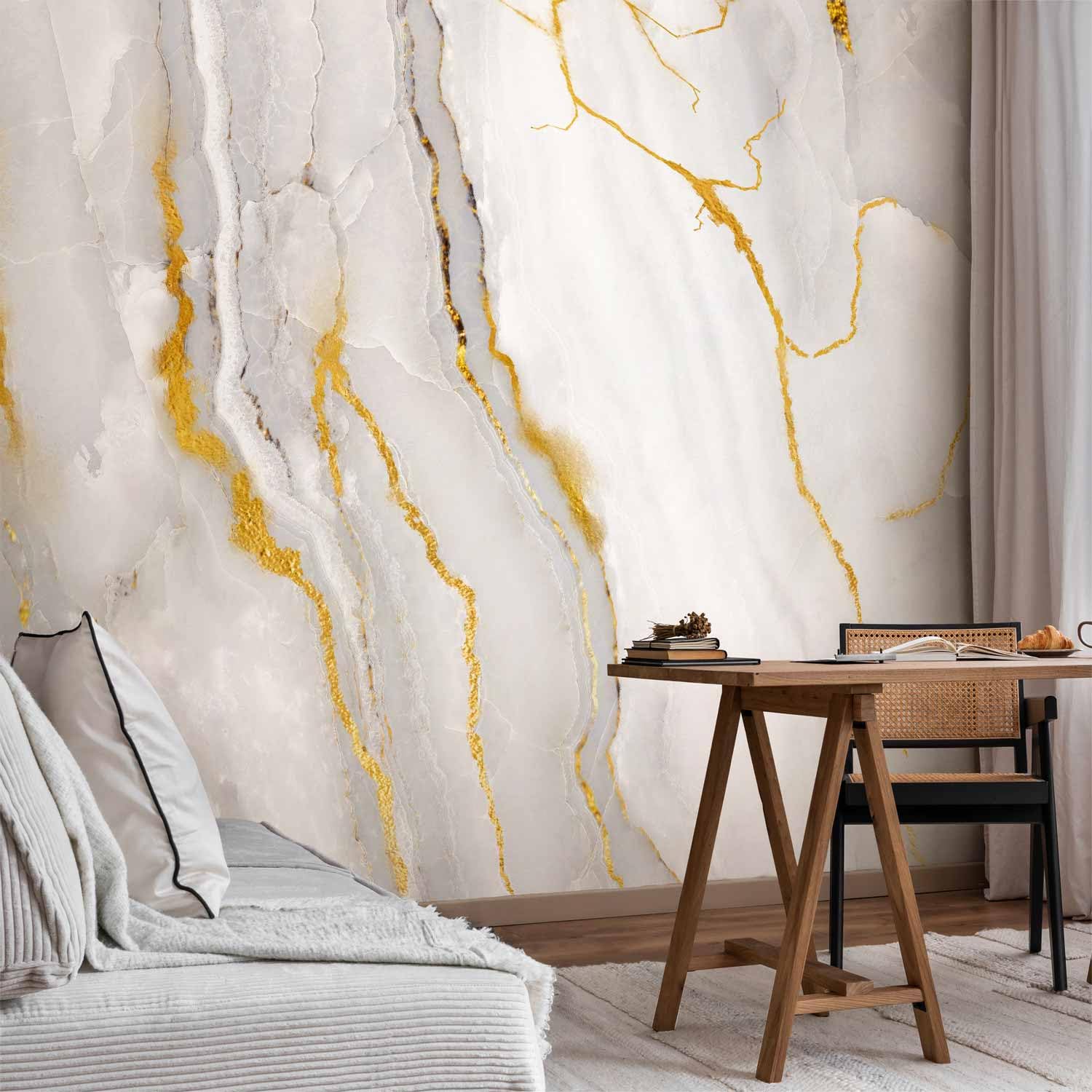 artgeist Premium Wall Mural Stone Wall 138x101 in - Non-Woven Wallpaper Fleece Wall Decor Photo Print Picture Image Design Marble Like Abstract 3D Effect White f-C-0459-a-a